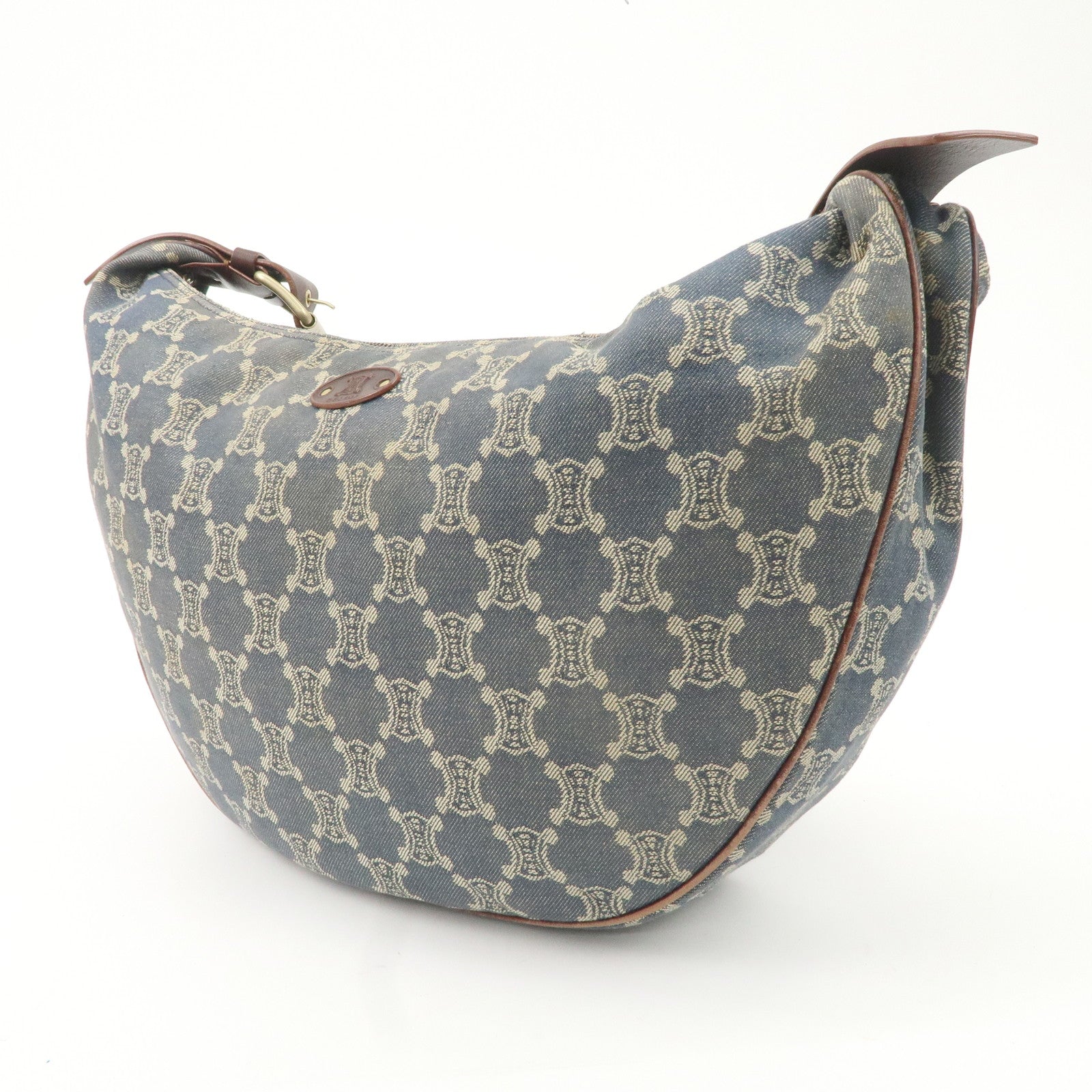 CELINE Macadam Canvas Leather Shoulder Bag Blue Brown Used