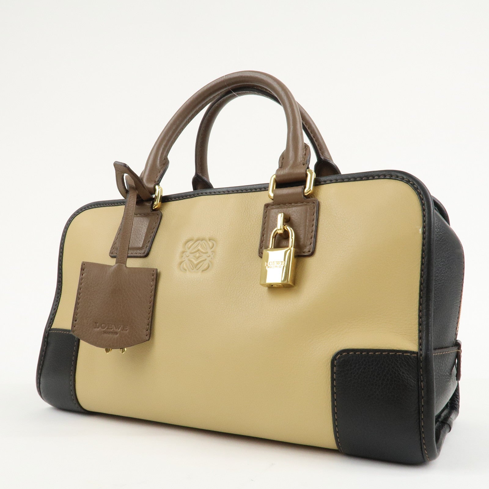 LOEWE Anagram Leather Amasona 28 Hand Bag Beige Black Brown Used