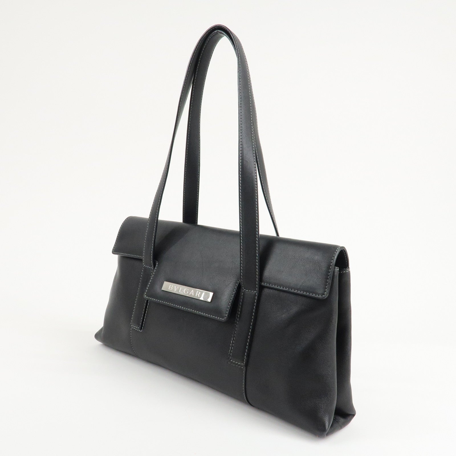 BVLGARI Leather Logo Shoulder Bag Hand Bag Black Silver HDW Used