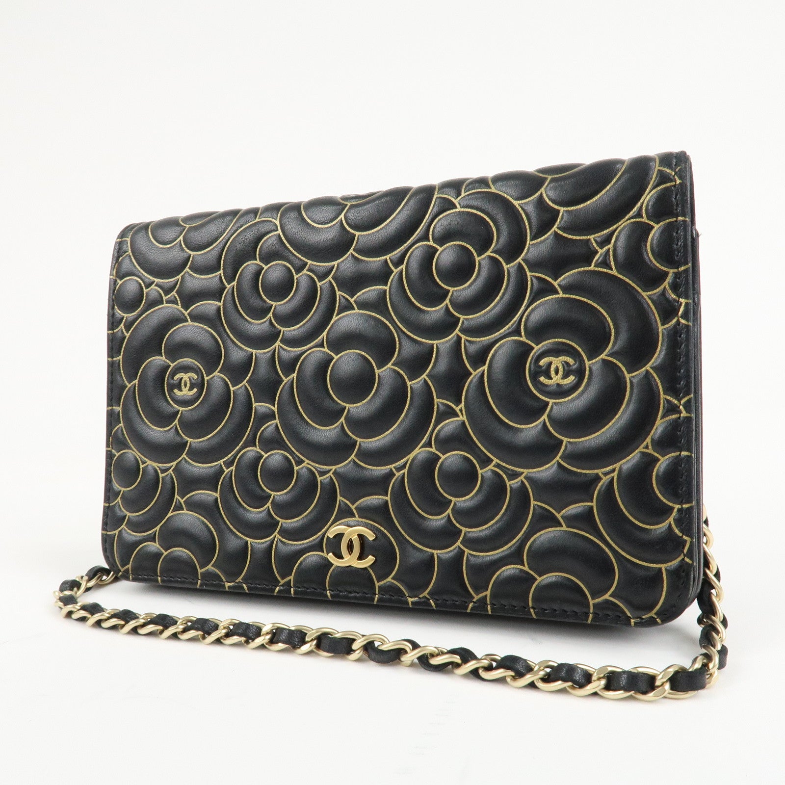 CHANEL Camellia Lamb Skin Chain Wallet Shoulder Bag A82336 Used