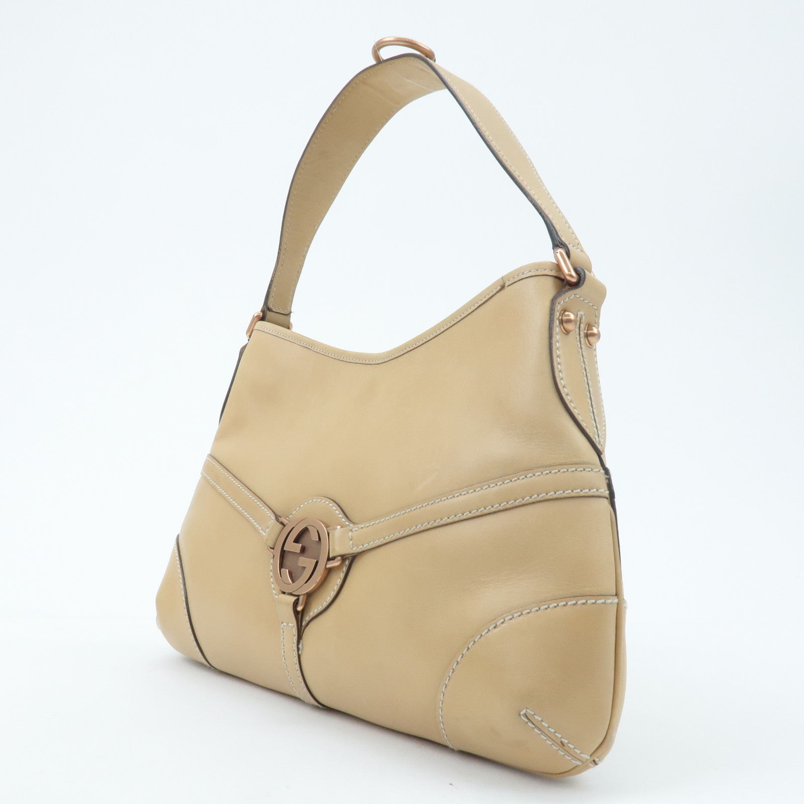 GUCCI Interlocking G Leather Shoulder Bag Beige 114877 Used