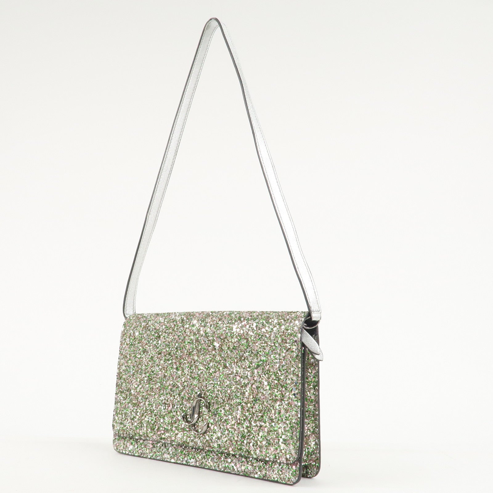 JIMMY CHOO Glitter Leather Shoulder Wallet Bag Green Silver Used