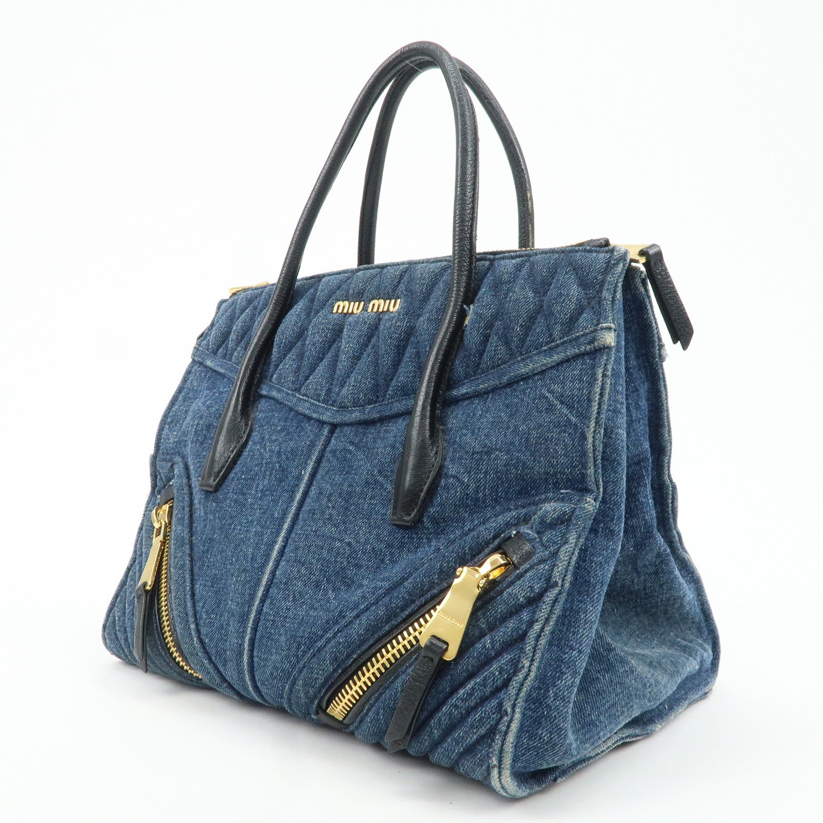 MIU MIU Denim Leather Biker 2Way Tote Bag Blue Black RN1031 Used