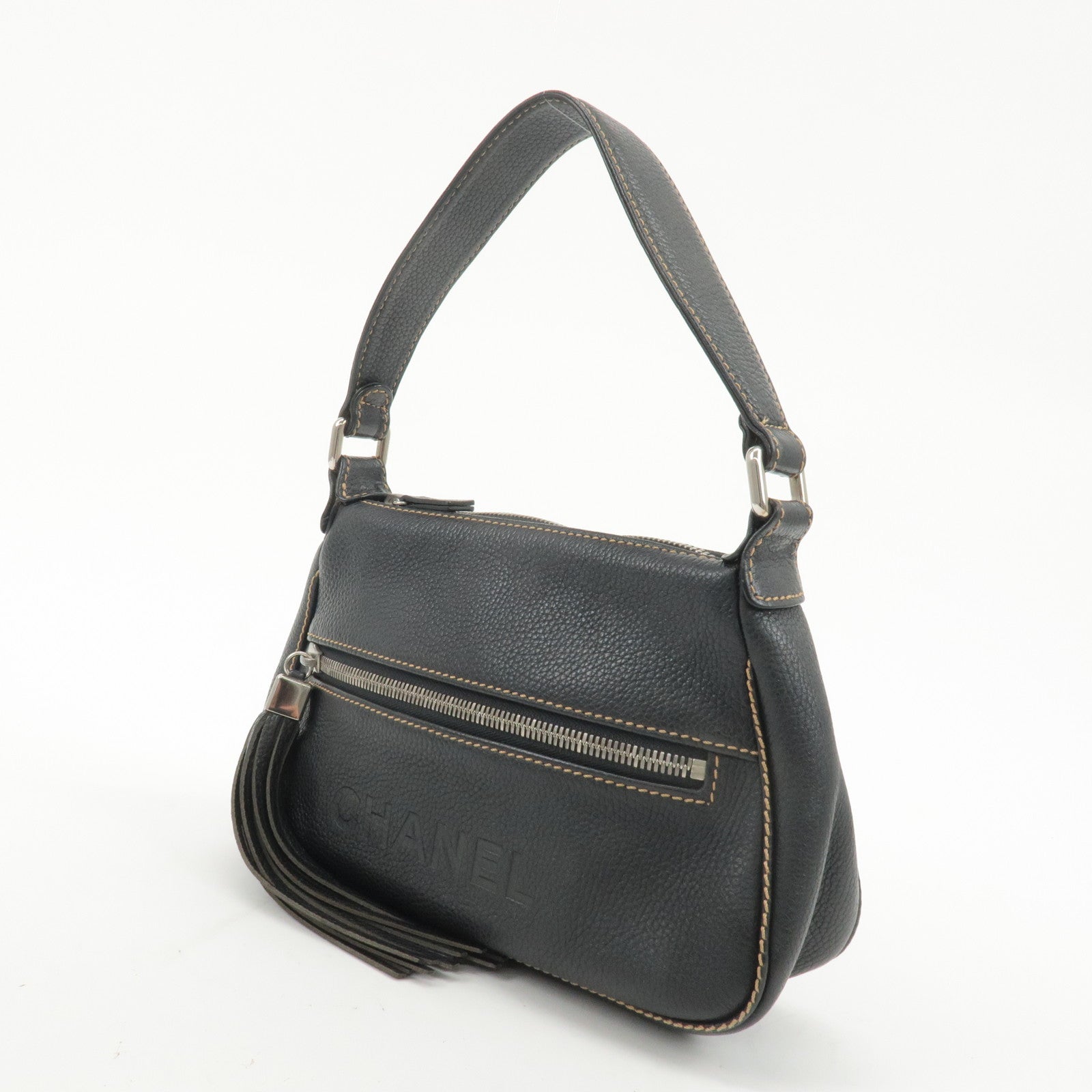 CHANEL Leather Shoulder Bag Black Silver Used