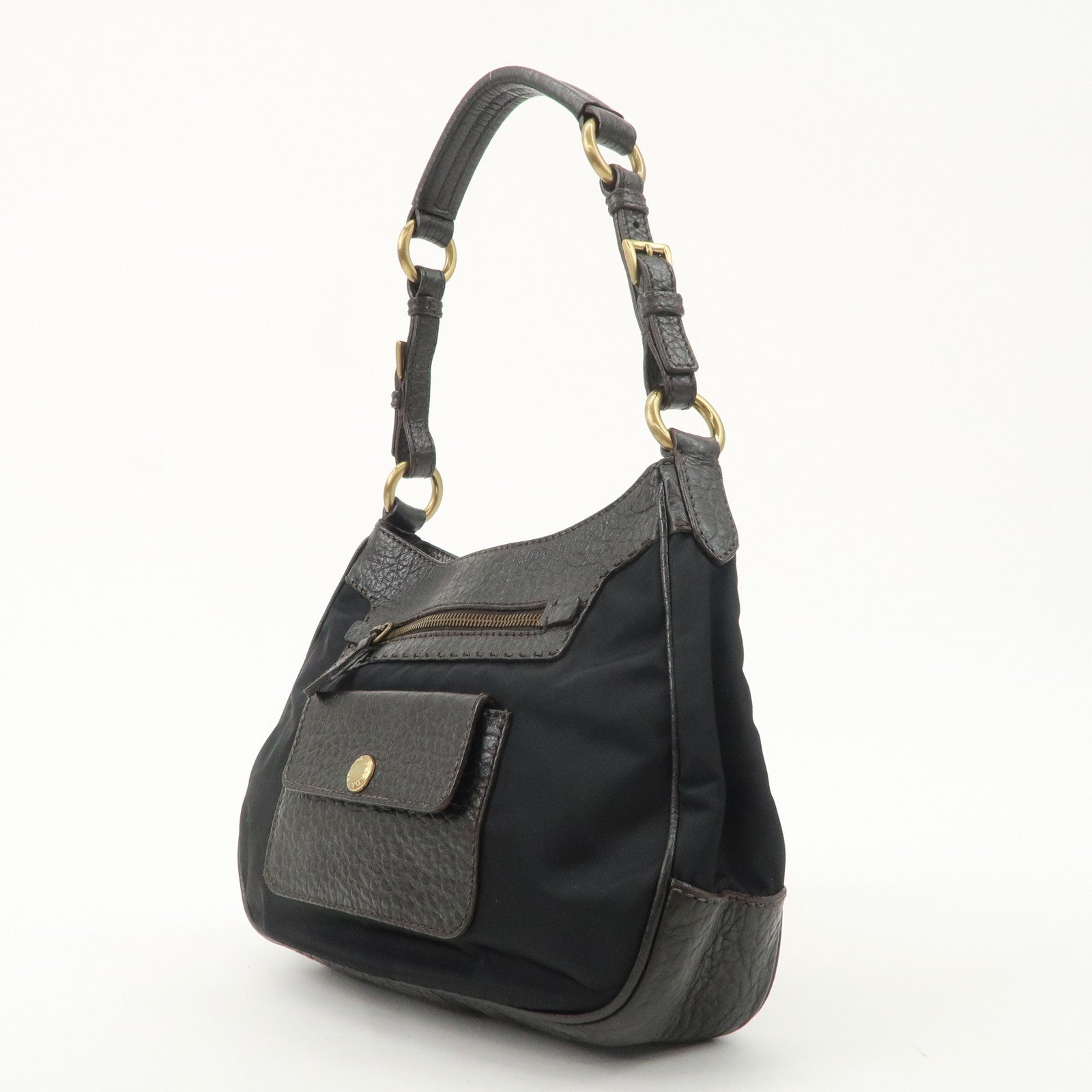 PRADA Nylon Leather Shoulder Bag Black Dark Brown BR1973 Used