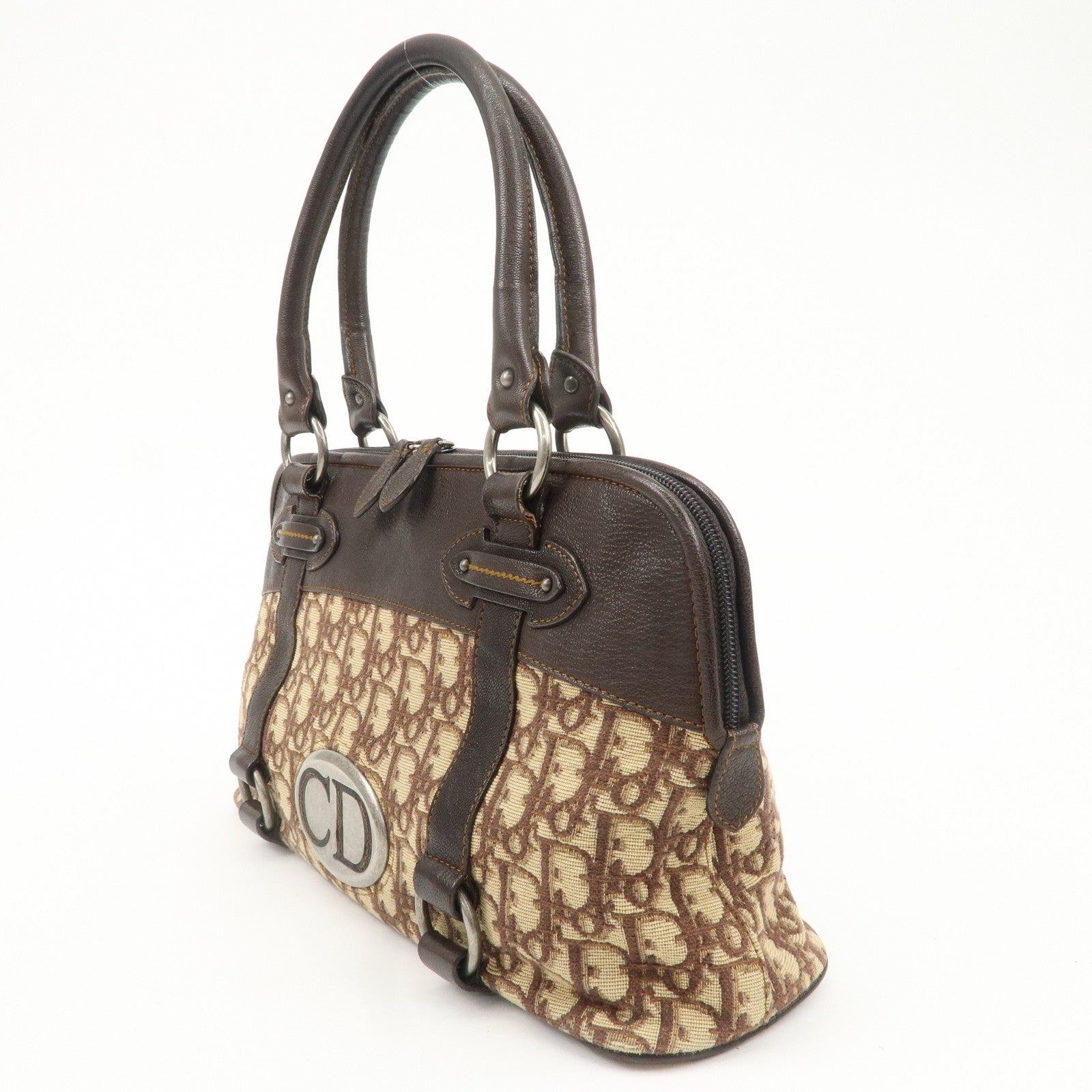 Christian Dior Logo Trotter Canvas Leather Boston Bag Beige Brown Used