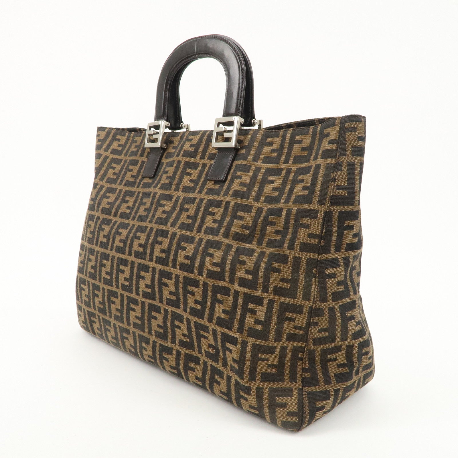 FENDI Zucca Canvas Leather Tote Bag Brown Black 26329 Used