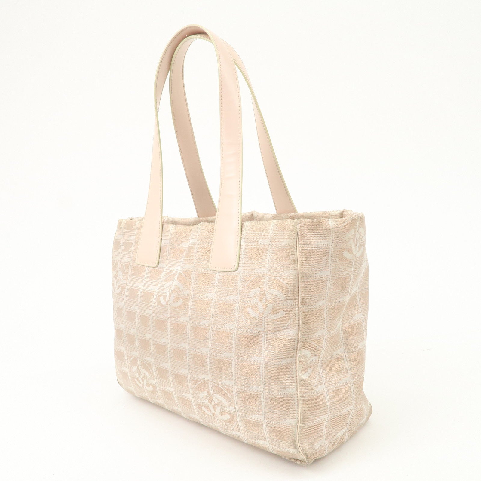 CHANEL New Travel Line Nylon Jacquard Leather Tote Bag Pink A15991 Used