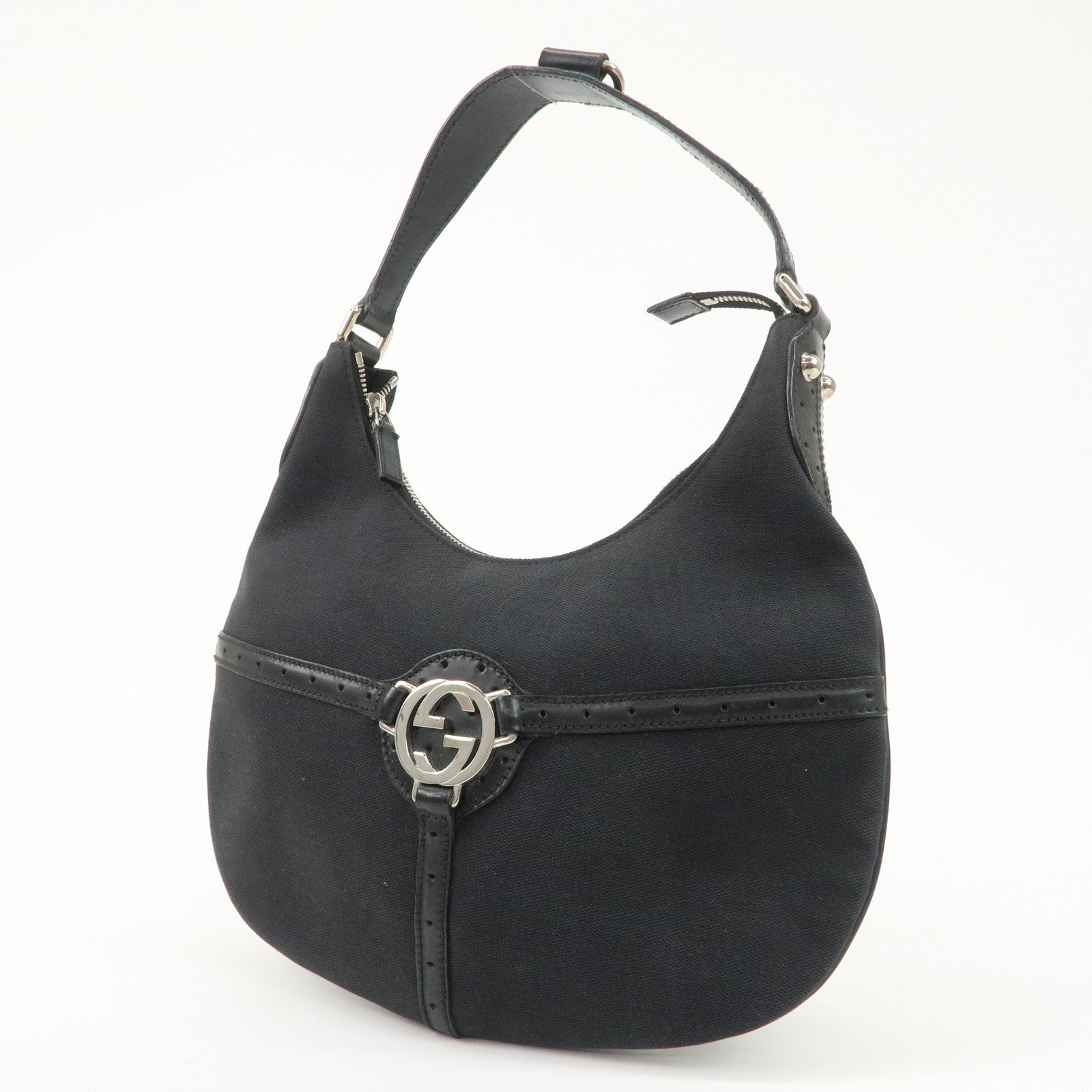 GUCCI Interlocking G Canvas Leather One Shoulder Bag Black 114869 Used