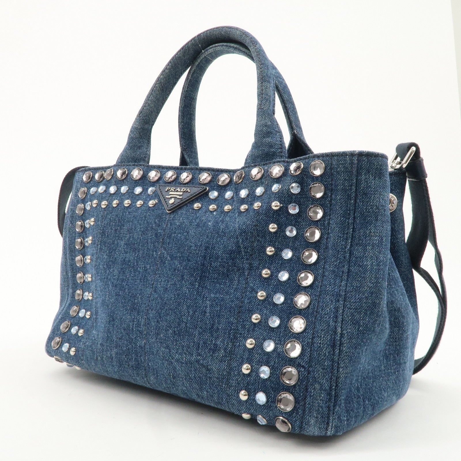 PRADA Logo Canapa Mini Denim Bijou 2Way Tote Bag Denim Blue 1BG439 Used