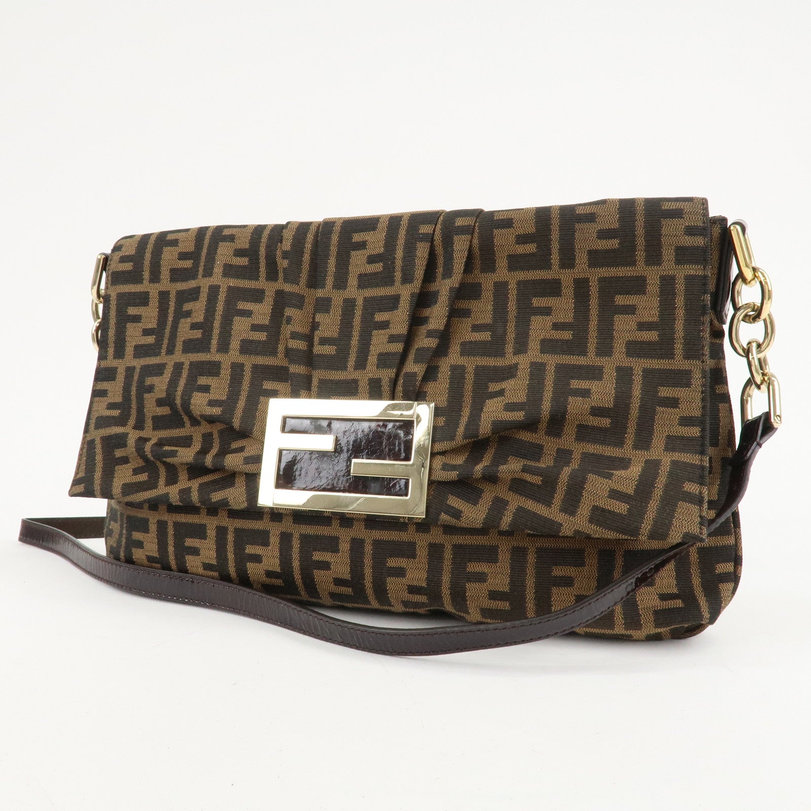 FENDI Zucca Canvas Patent Shoulder Bag Brown Black 8BT163 Used