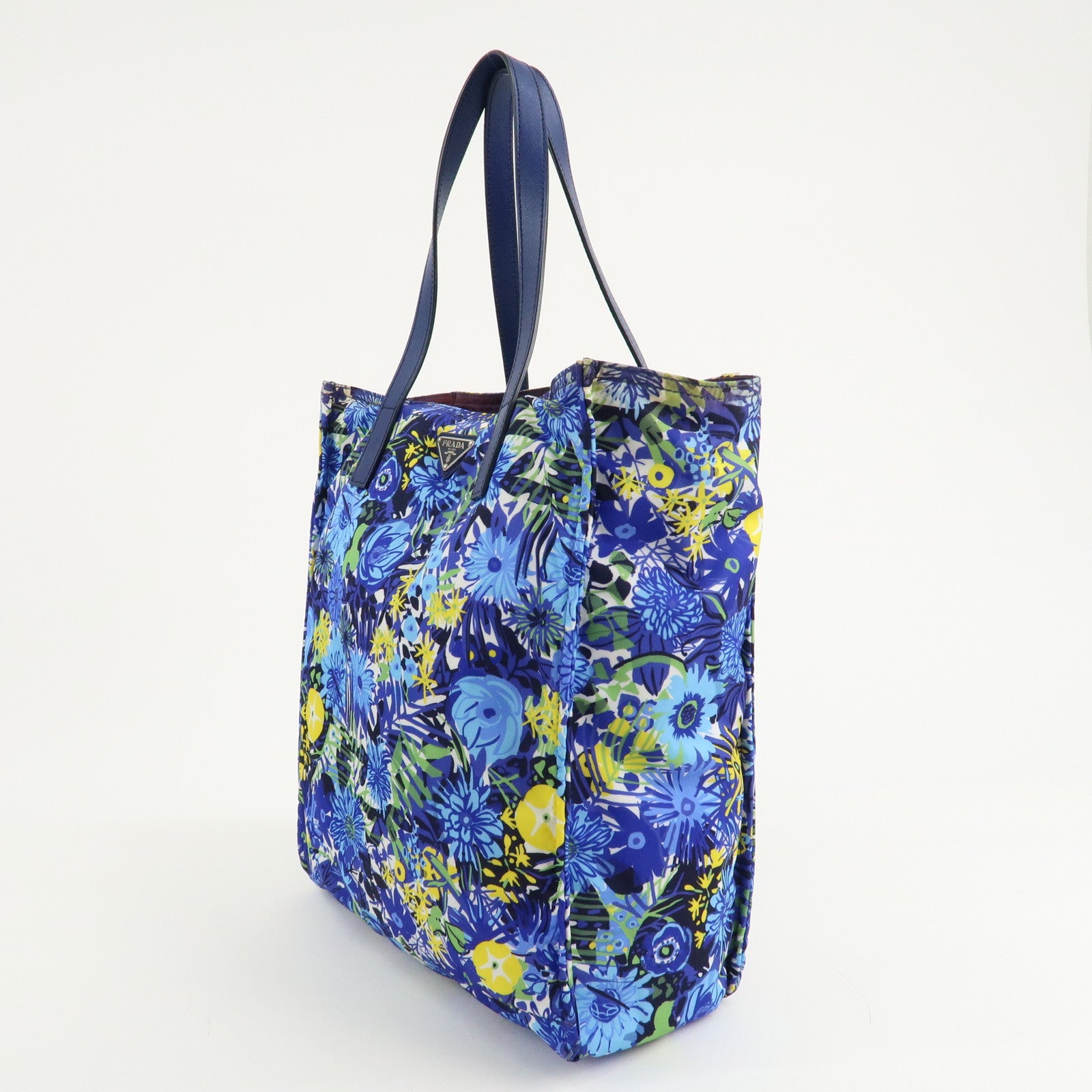 PRADA Logo Nylon Leather Tote Bag Floral Print Blue BN2851 Used