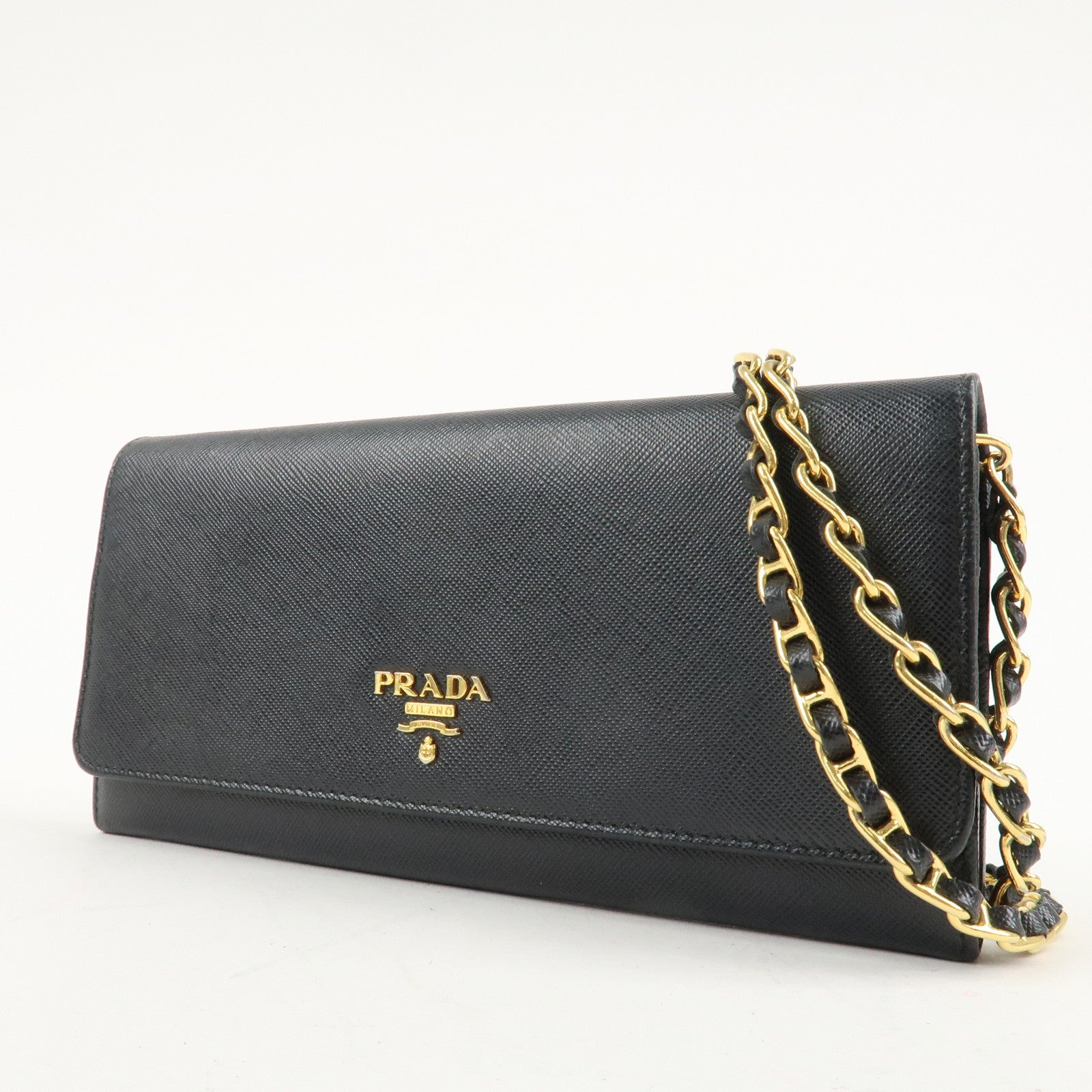 PRADA Saffiano Leather Chain Wallet Purse Black 1MT290 Used