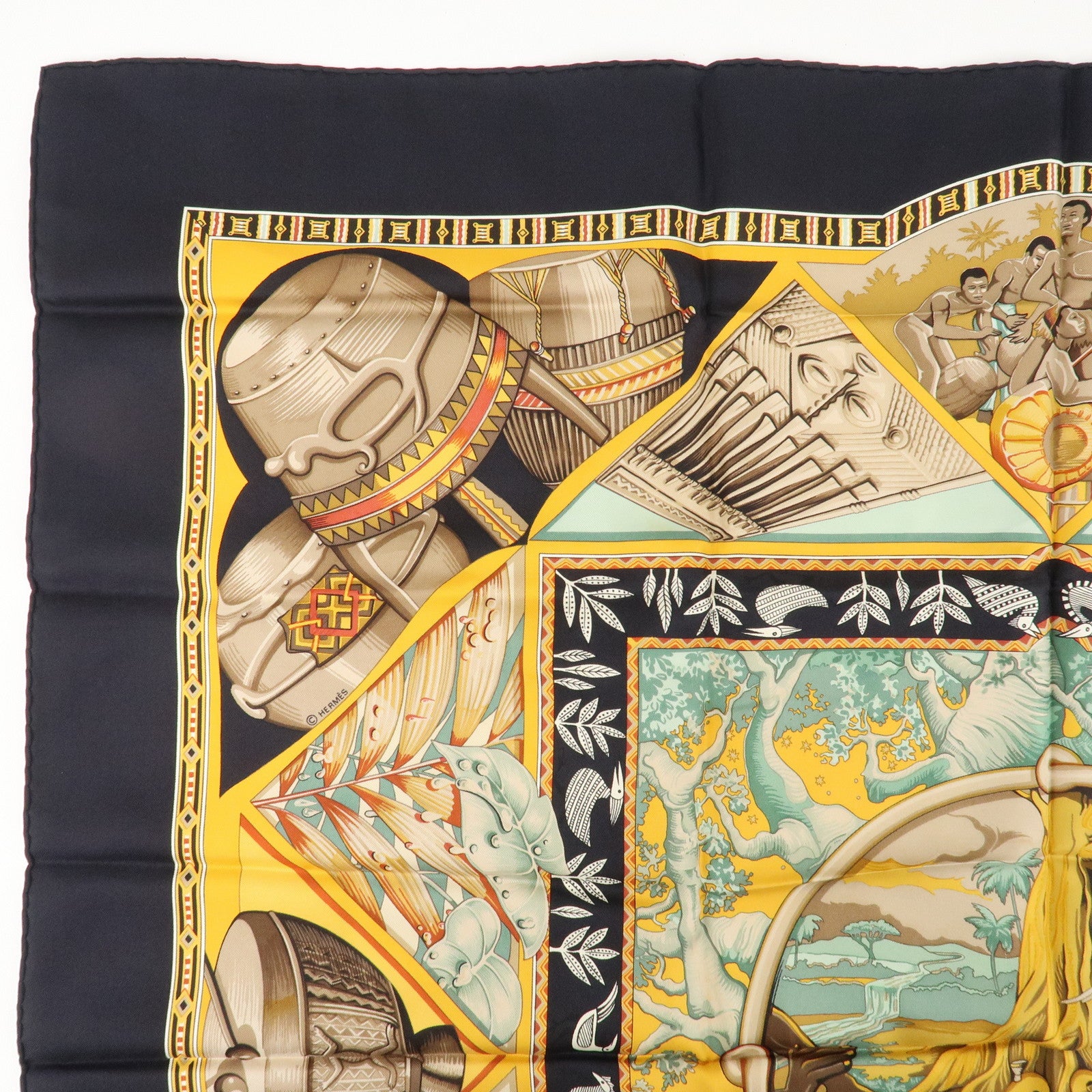 HERMES Silk 100% Carre 90 Scarf Au Son du Tam Tam Black Beige Used