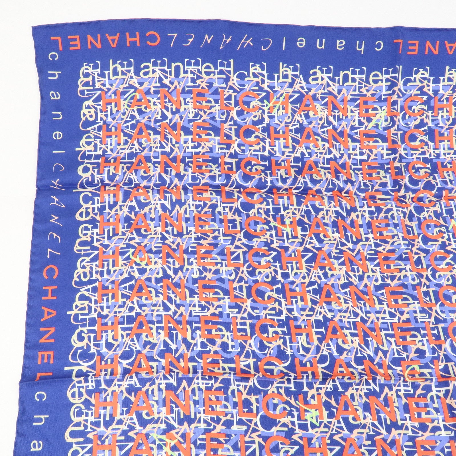 CHANEL Silk 100% Scarf CHANLE Logo Print Blue Used