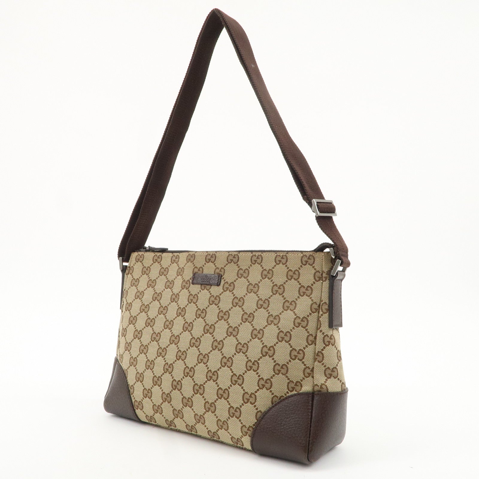 GUCCI GG Canvas Leather Shoulder Bag Beige Brown 114273 Used