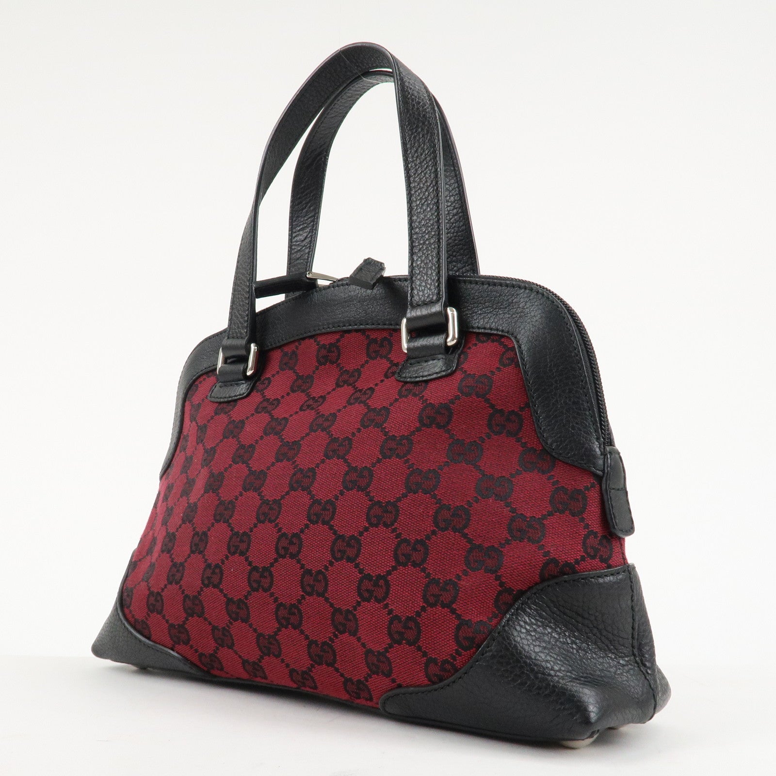 GUCCI GG Canvas Leather Tote Bag Hand Bag Black Red 272378 Used