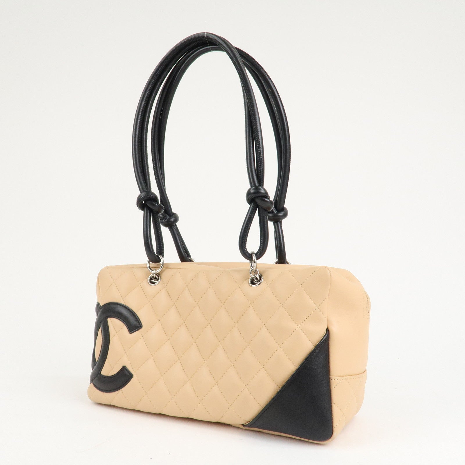 CHANEL Cambon Line Lamb Skin Bowling Bag Hand Bag Beige A25171 Used