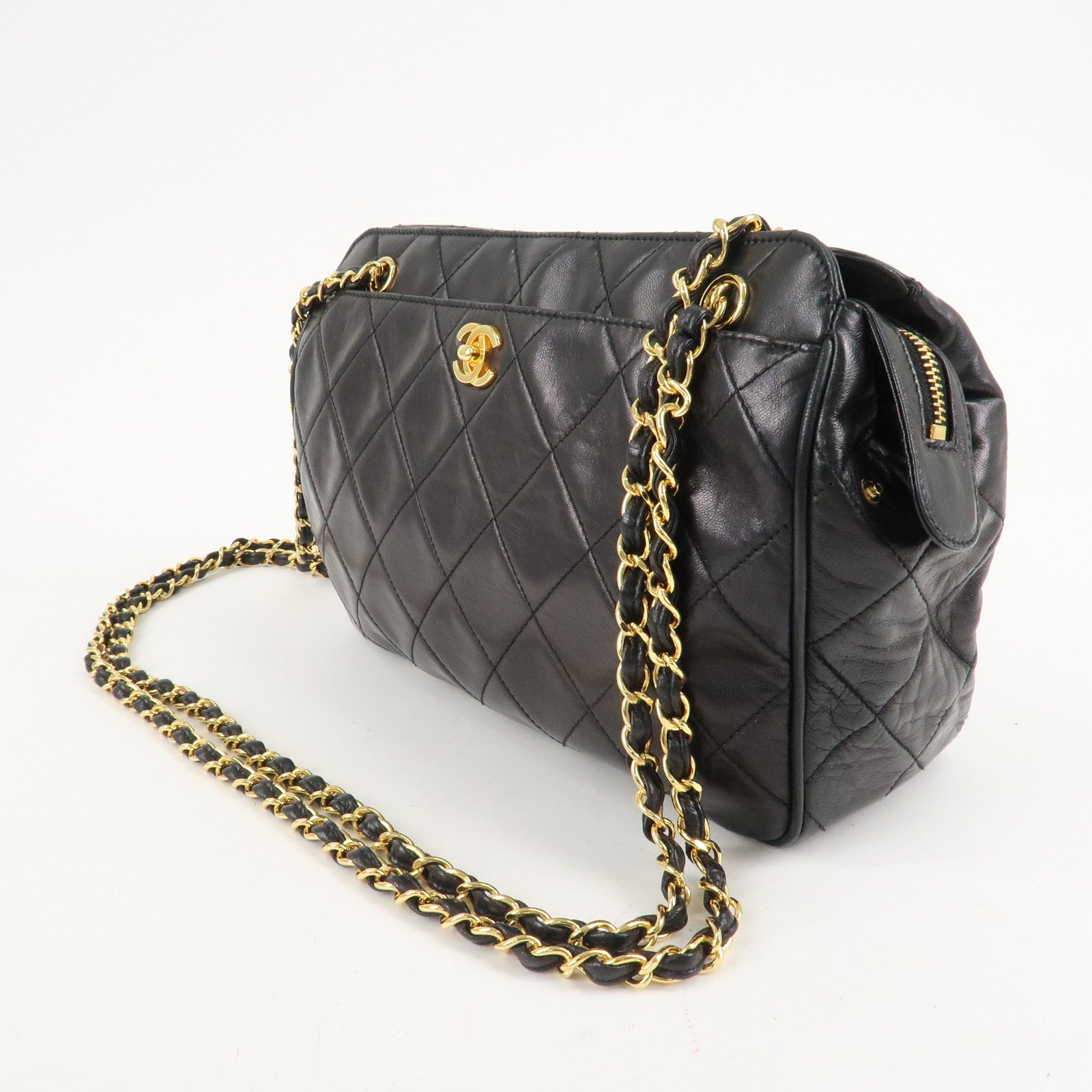 CHANEL Matelasse Lamb Skin COCO Mark Chain Shoulder Bag Black Used