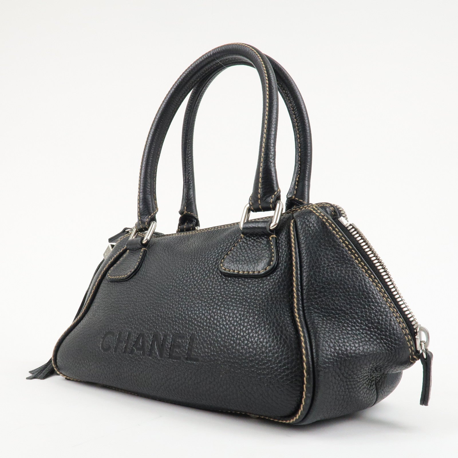 CHANEL COCO Mark Leather Fringe Shoulder Bag Hand Bag Black Used