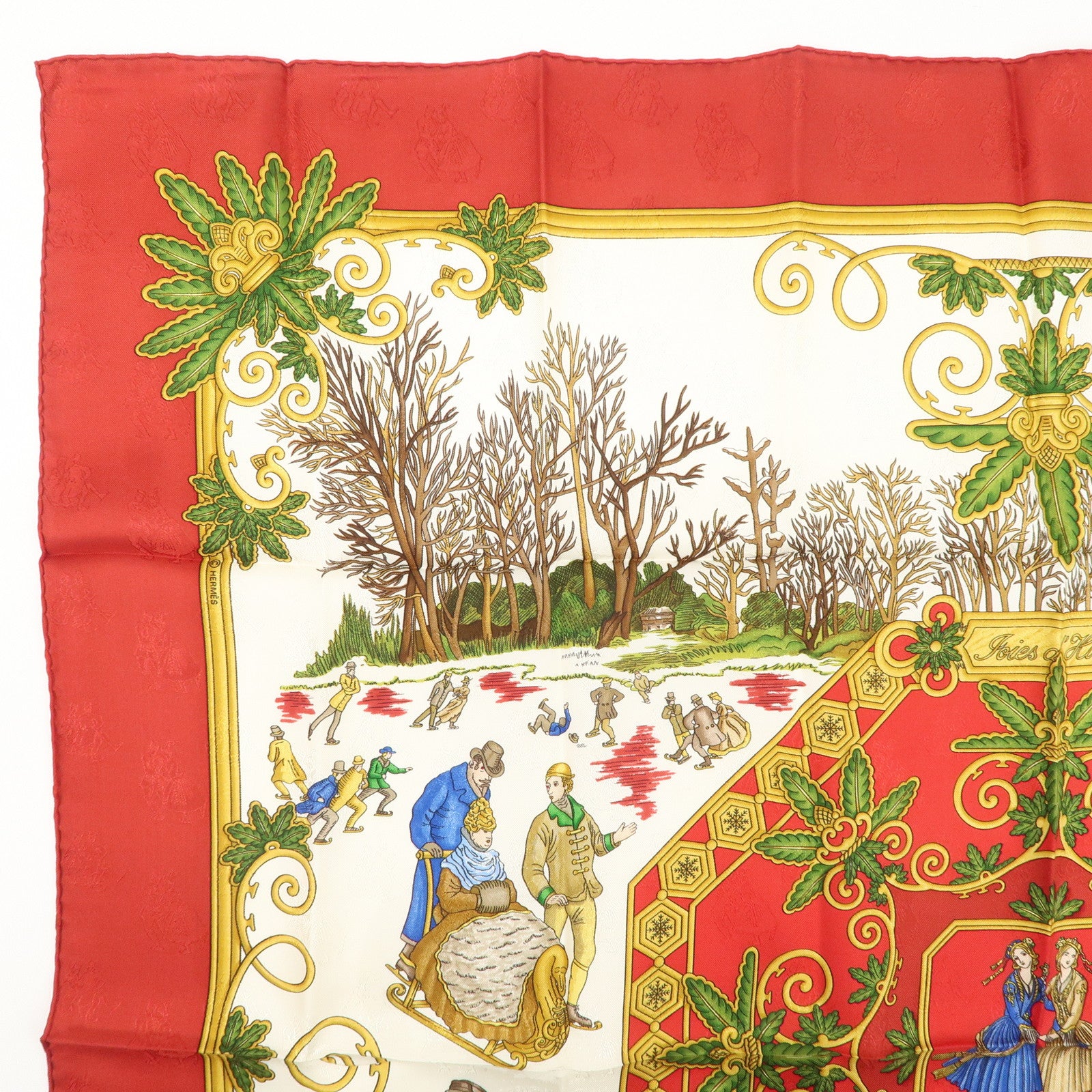 HERMES Carre 90 100% Silk Scarf Joies d’Hiver Red White Gold Used