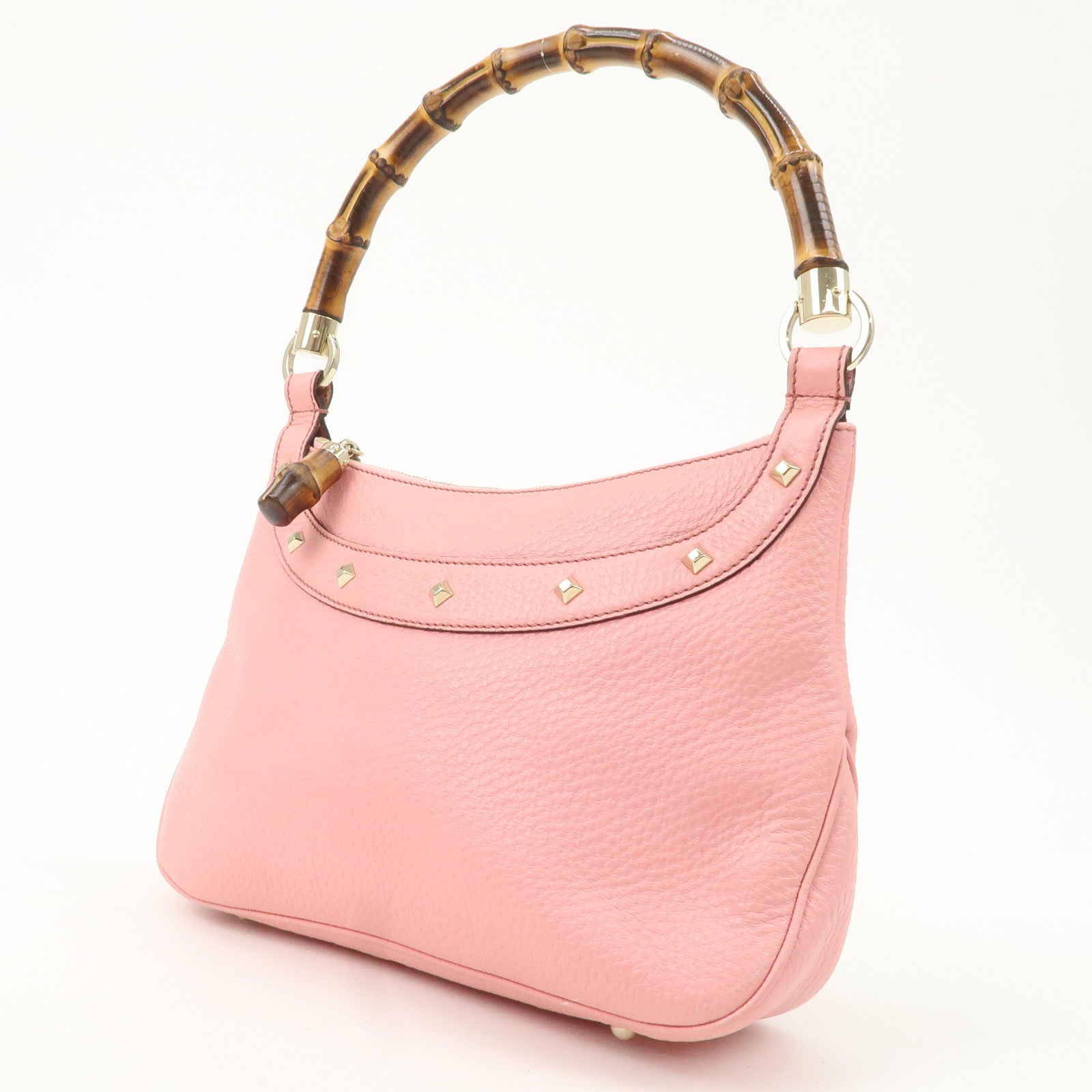 GUCCI Bamboo Leather Shoulder Bag Hand Bag Studs Pink 137378 Used