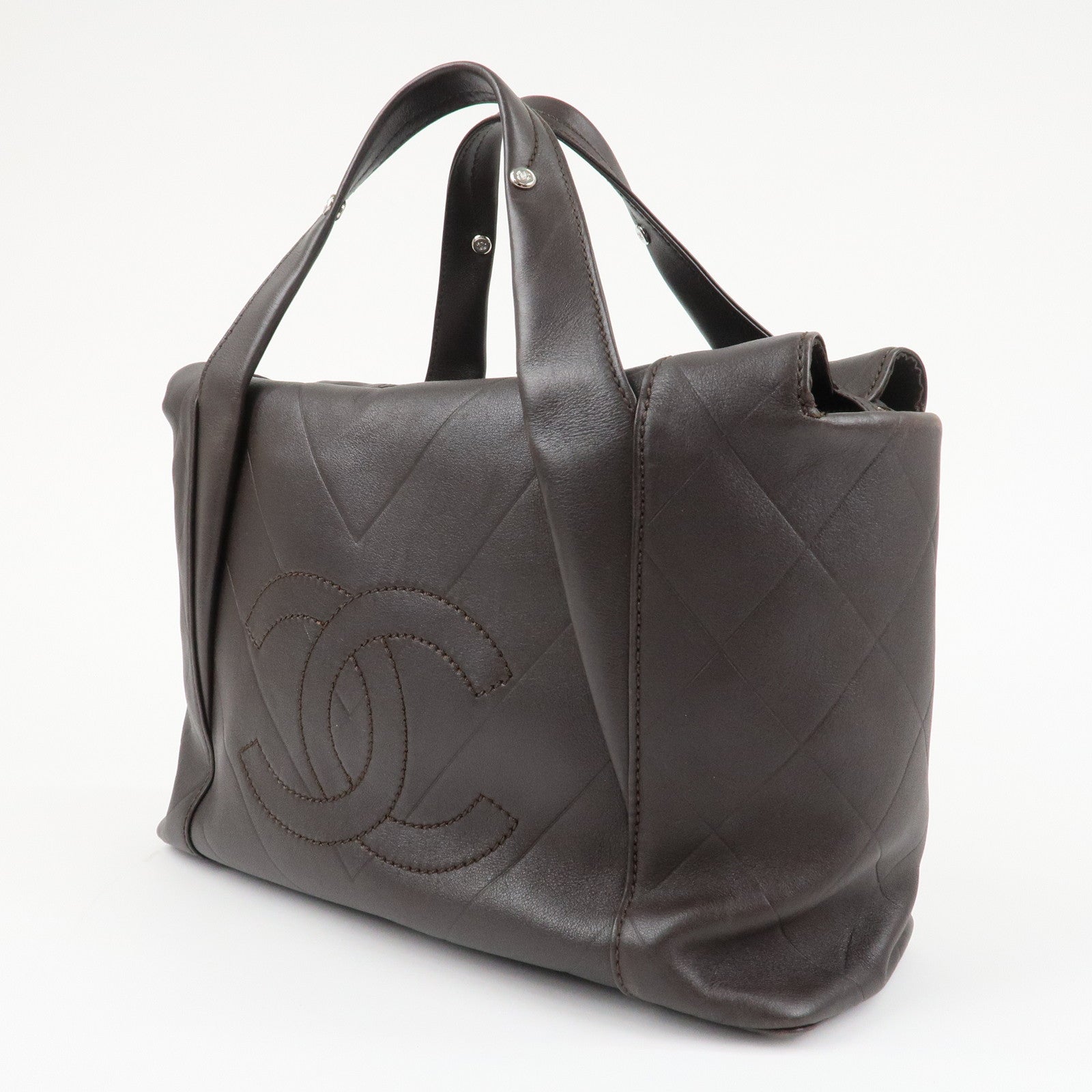 CHANEL COCO Mark Shevron Lamb Skin V Stich Tote Bag Dark Brown Used