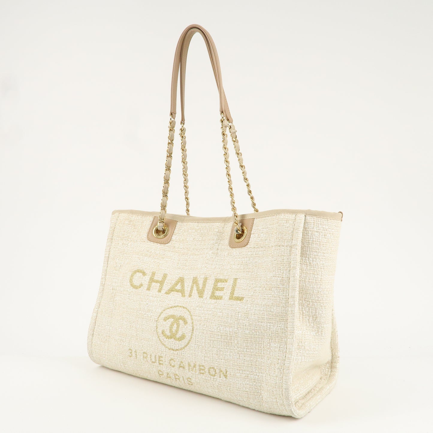CHANEL Deauville Canvas Leather Tote Bag MM Beige Gold A67001