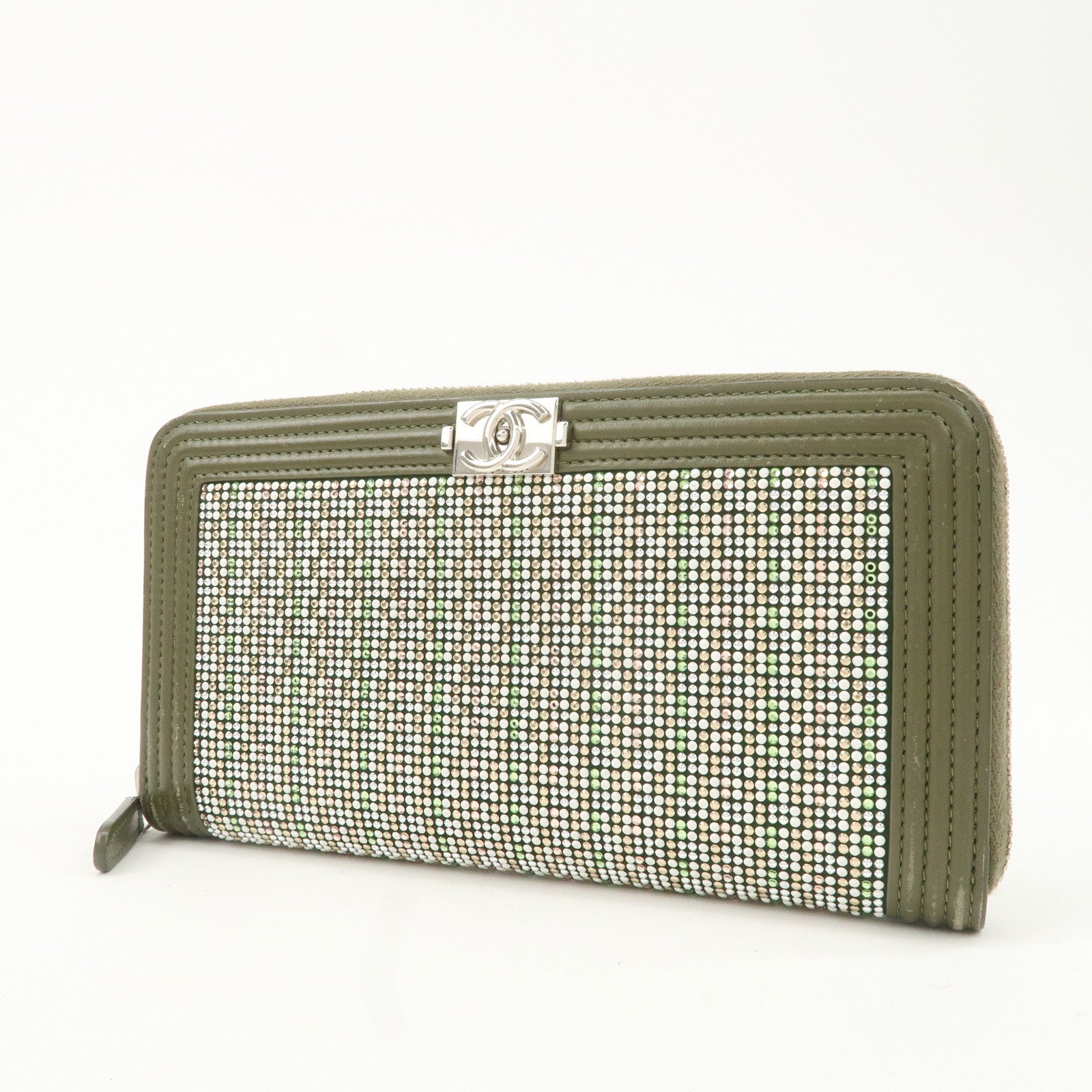 CHANEL Boy Chanel Rhine Stone Leather Round Zipper Long Wallet Used
