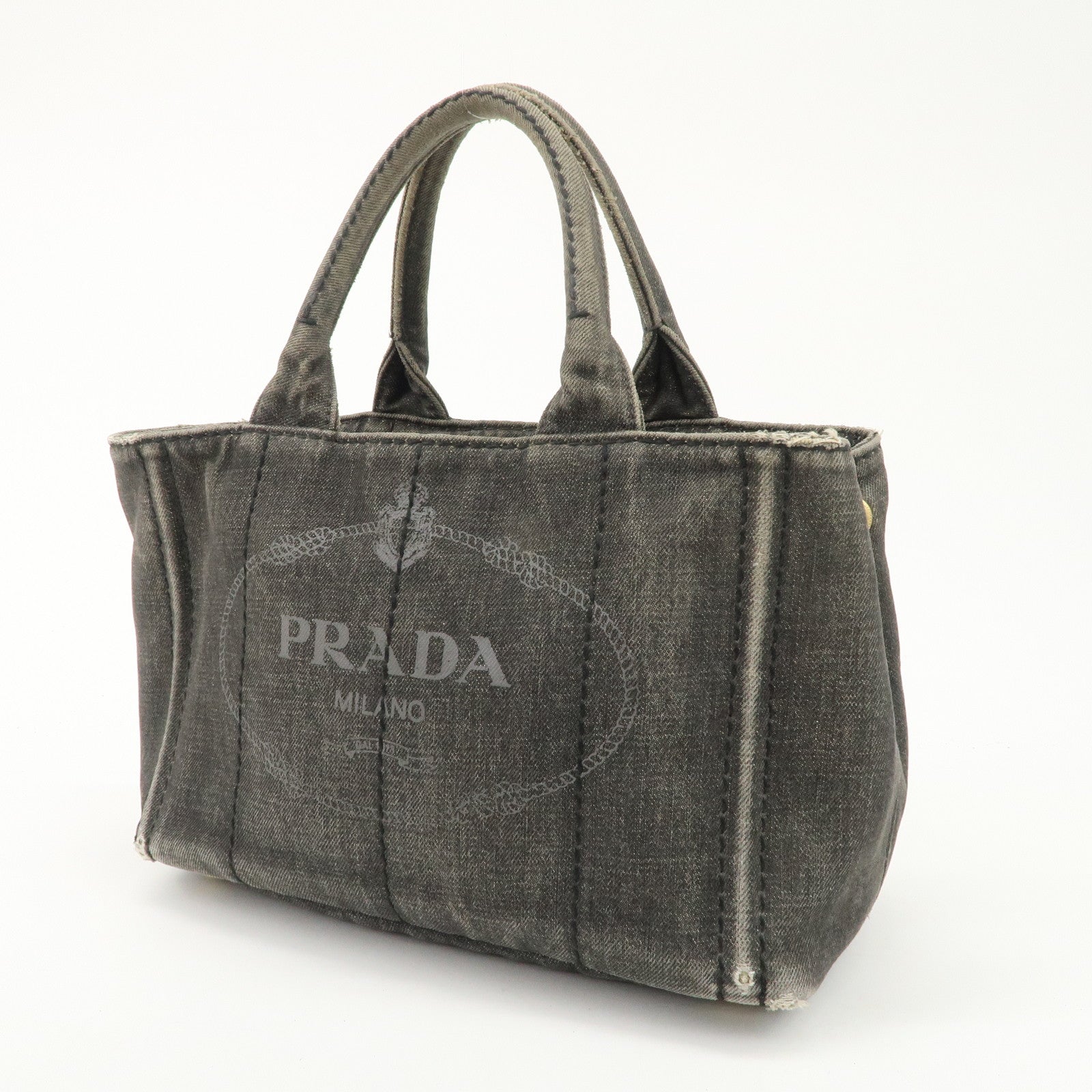 PRADA Canapa Mini Denim Hand Bag Tote Bag Black 1BG439 Used