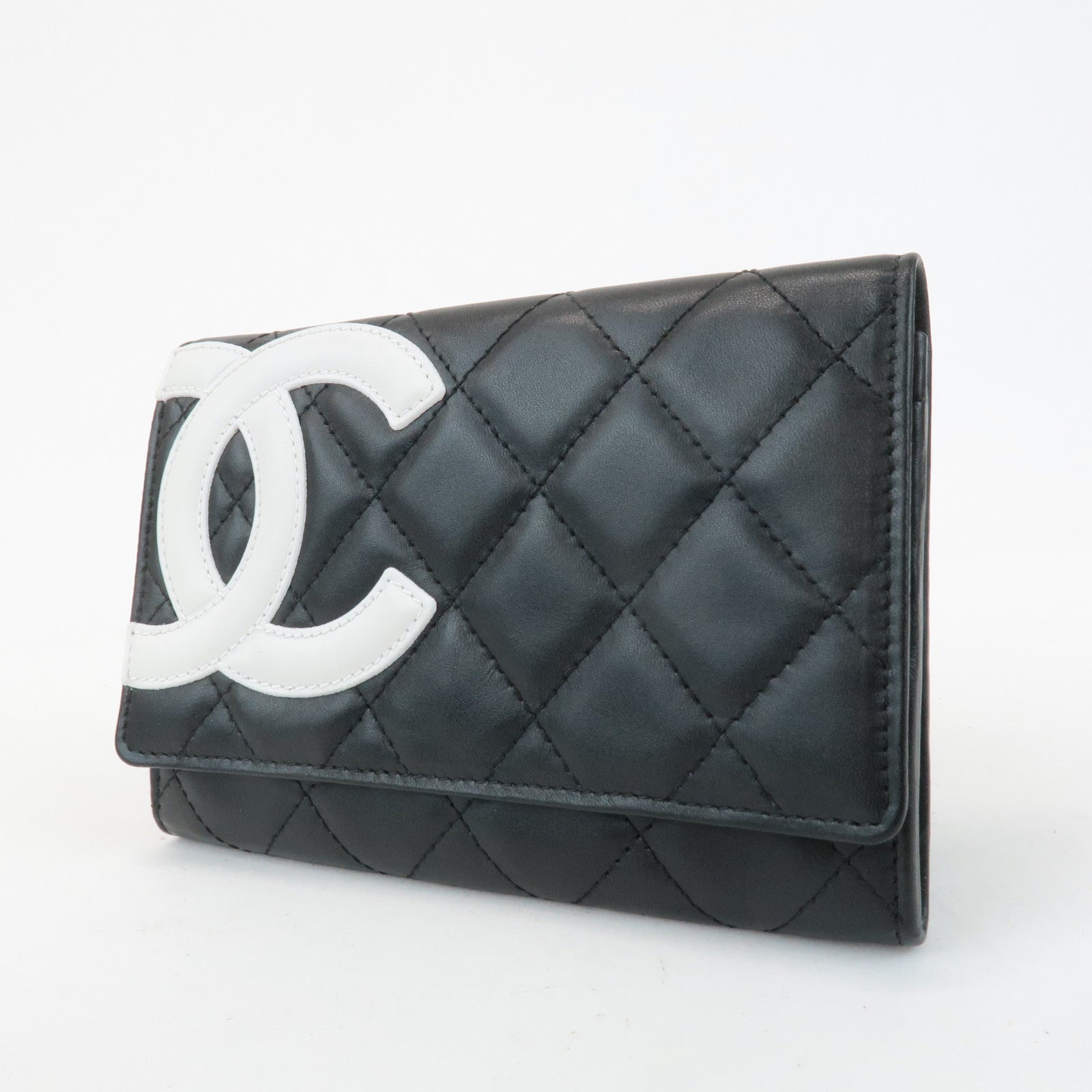 CHANEL Cambon Line COCO Mark Lamb Skin Bifold Wallet A26722 Used