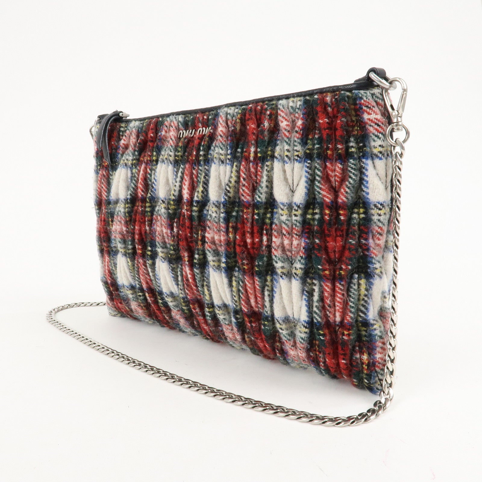 MIU MIU Matelasse Wool Leather Chain Shoulder Bag Red Used