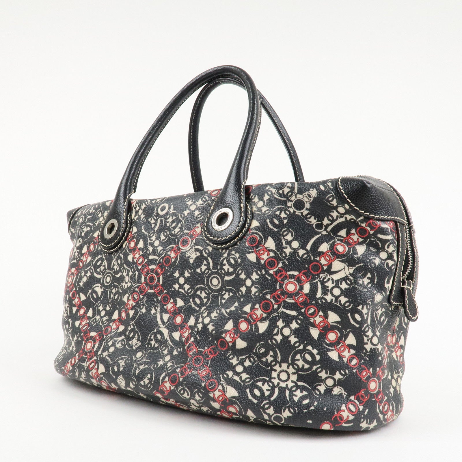 CHANEL COCO Travel PVC Leather Boston Bag Black Silver HDW Used