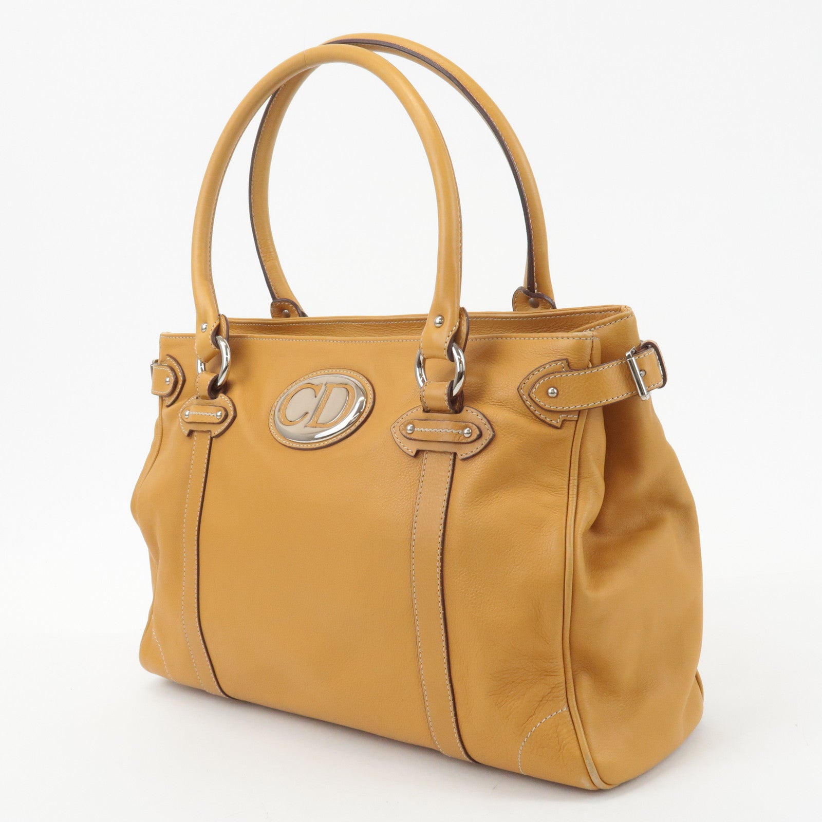 Christian Dior Leather Tote Bag Shoulder Bag Mustard Silver HDW Used