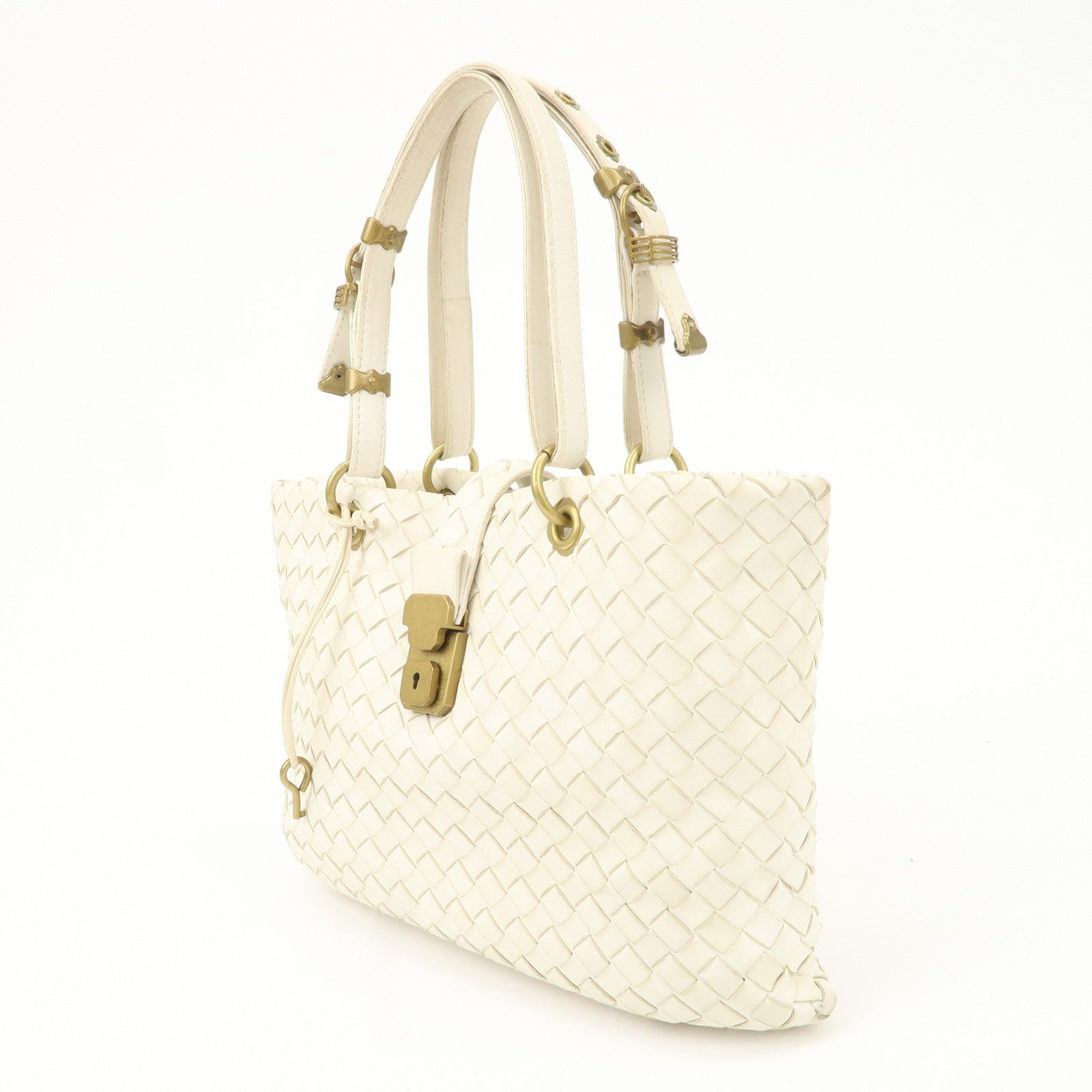 Bottega Veneta Intrecciato Leather Chain Shoulder Bag White Used