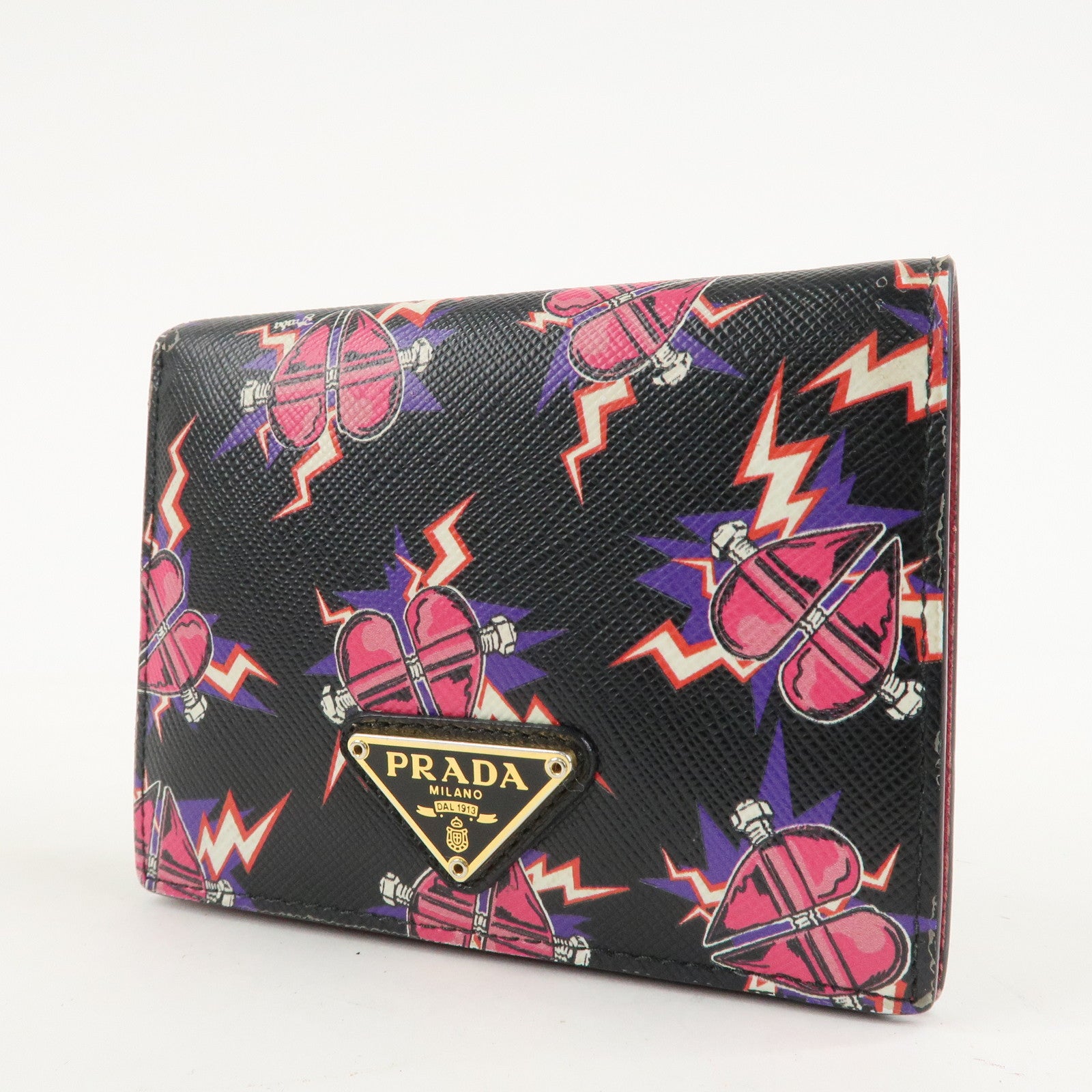 PRADA Logo Saffiano Leather Heart Print Bi-fold Wallet 1MV204 Used