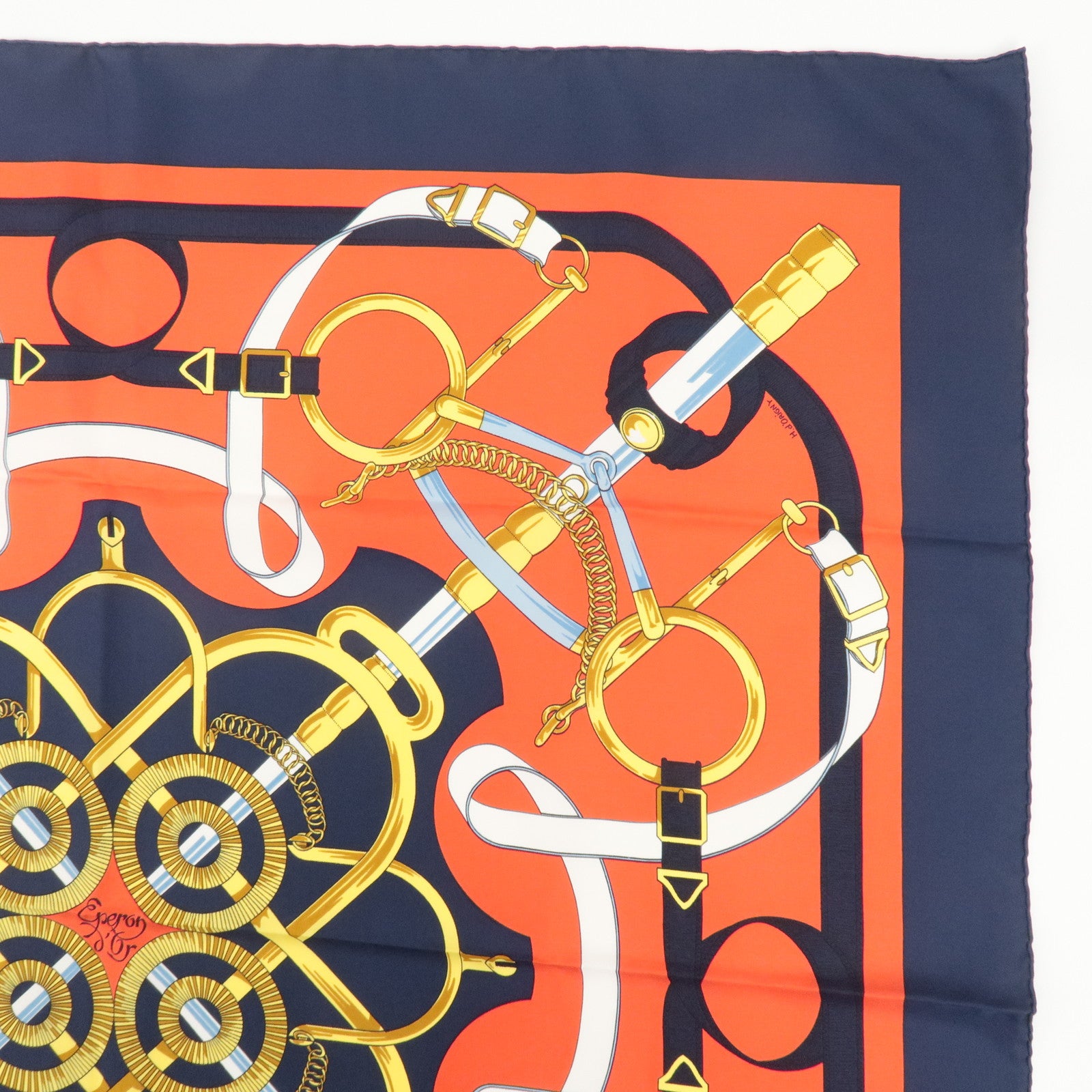 HERMES Carre 90 100% Silk Carre 90 Eperon d'or Red Navy Gold Used