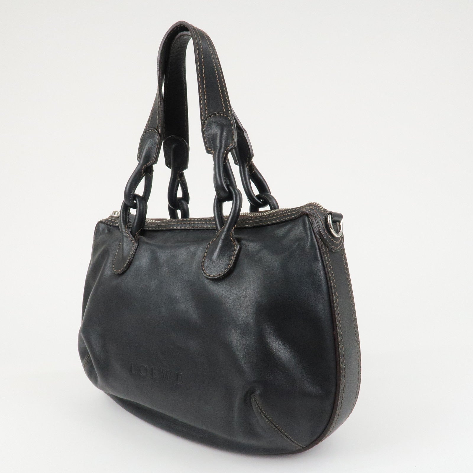LOEWE Sangria Leather 2Way Tote Bag Black Silver Hardware Used