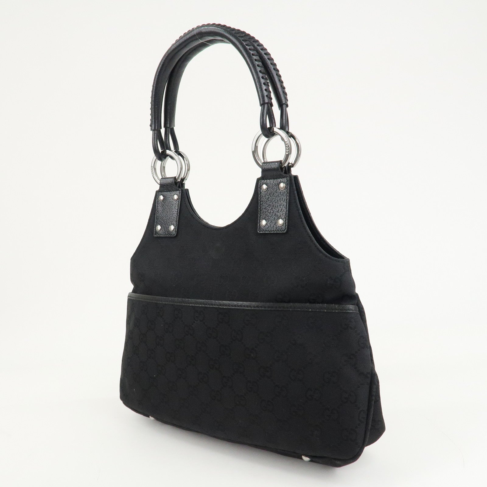 GUCCI GG Canvas Leather Tote Bag Hand Bag Black 131329 Used