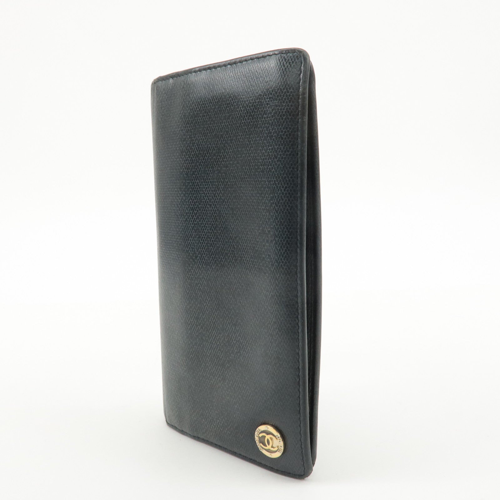 CHANEL COCO Button Leather Bi-Fold Long Wallet Black Used