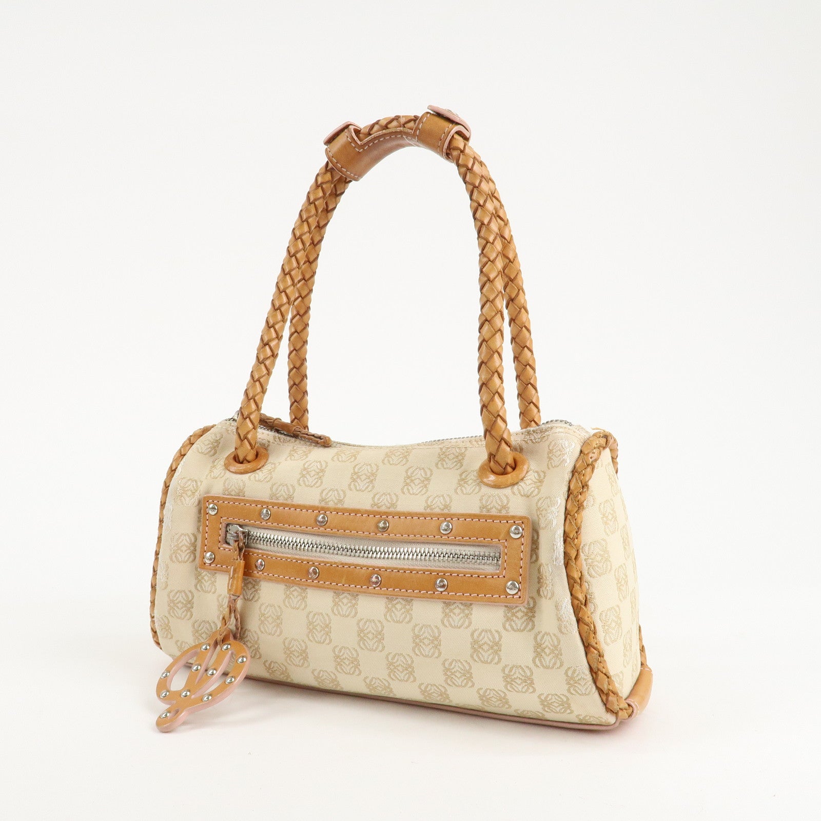 LOEWE Anagram Canvas Leather Shoulder Bag Boston Bag Beige Brown Used