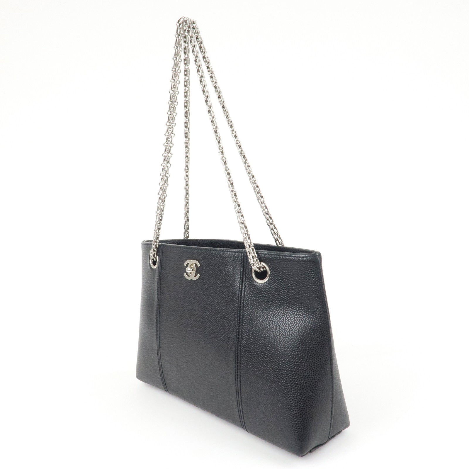 CHANEL Caviar Skin Chain Tote Bag Black Silver Hardware Used