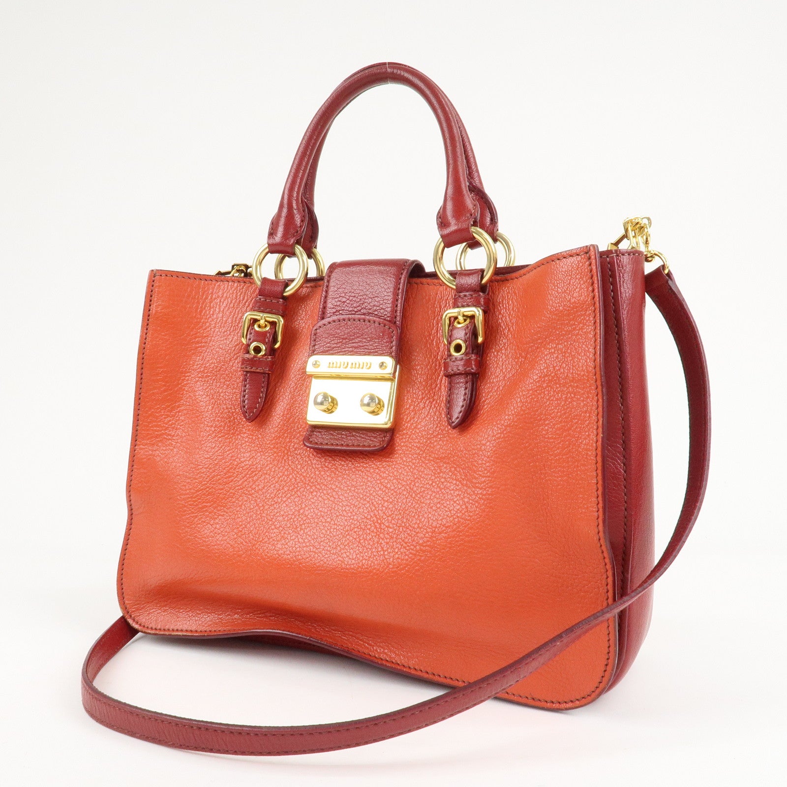 MIU MIU Leather MADRAS BICOLORE 2WAY Bag Hand Bag Orange Used
