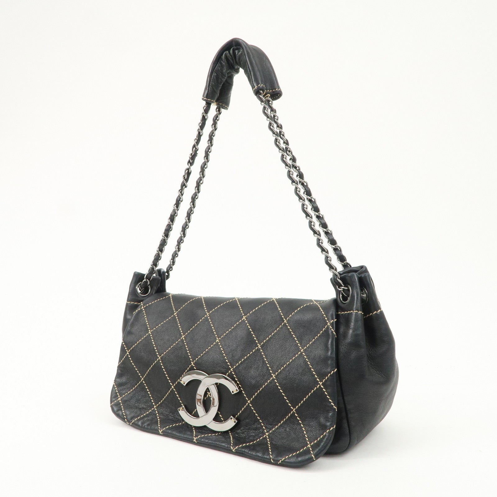 CHANEL COCO Mark Wild Stitch Lamb Skin Chain Shoulder Bag Black Used
