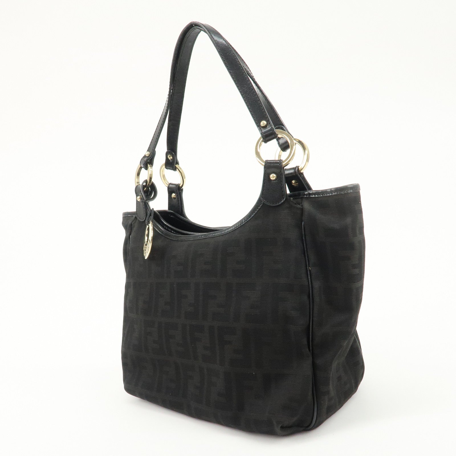 FENDI Zucca Canvas Leather Tote Bag Hand Bag Black 8BH156 Used