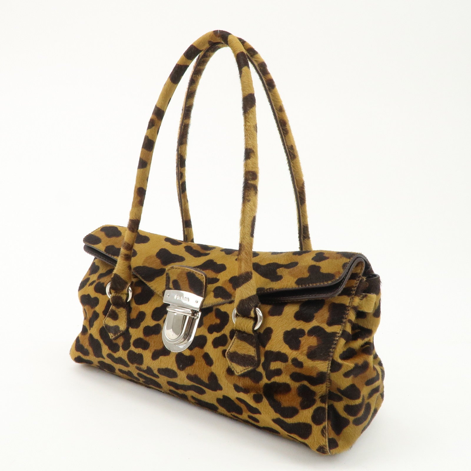 PRADA Logo Unborn Calf Leopard Shoulder Bag Hand Bag Brown Used