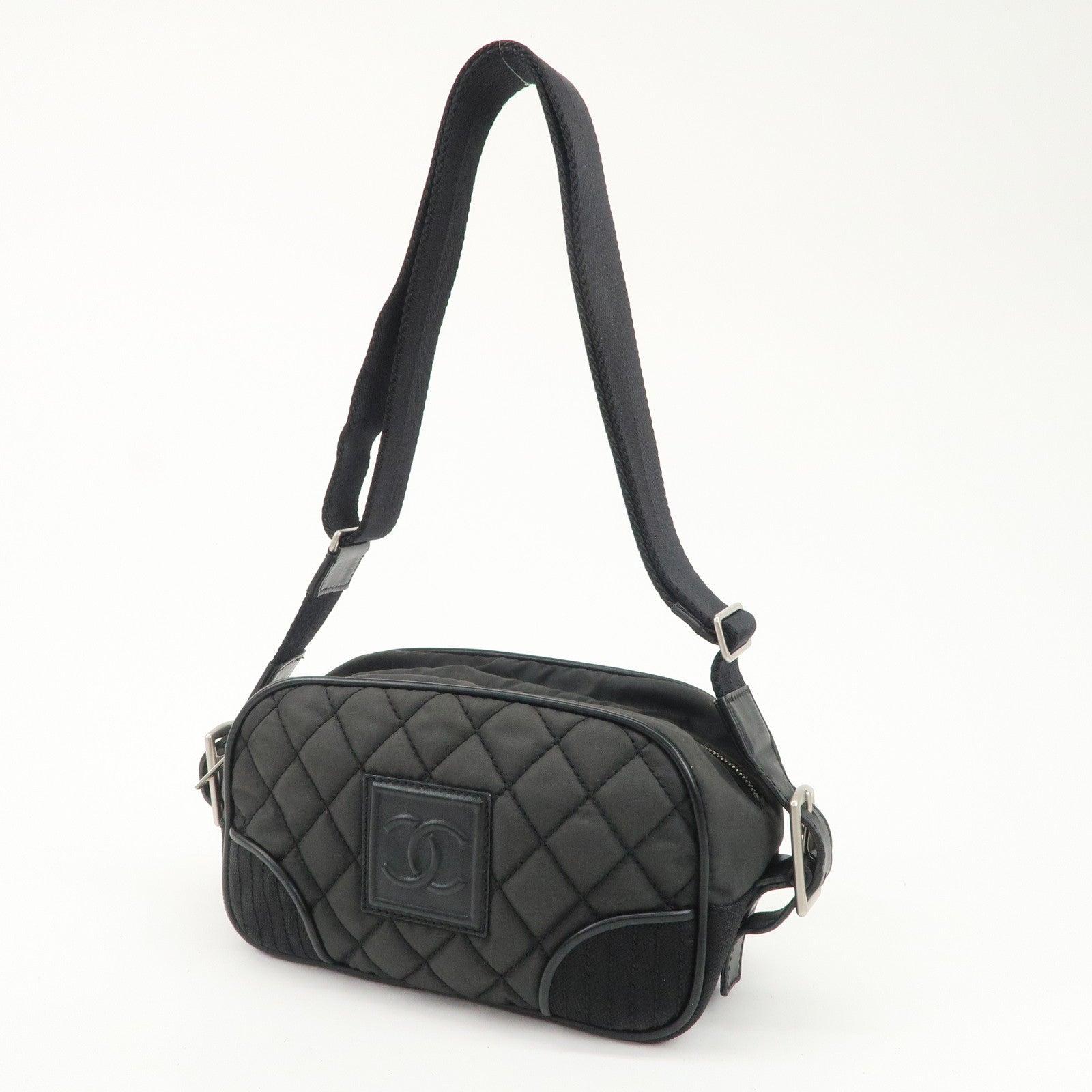 CHANEL Sports Matelasse Nylon Canvas COCO Mark Shoulder Bag Black Used