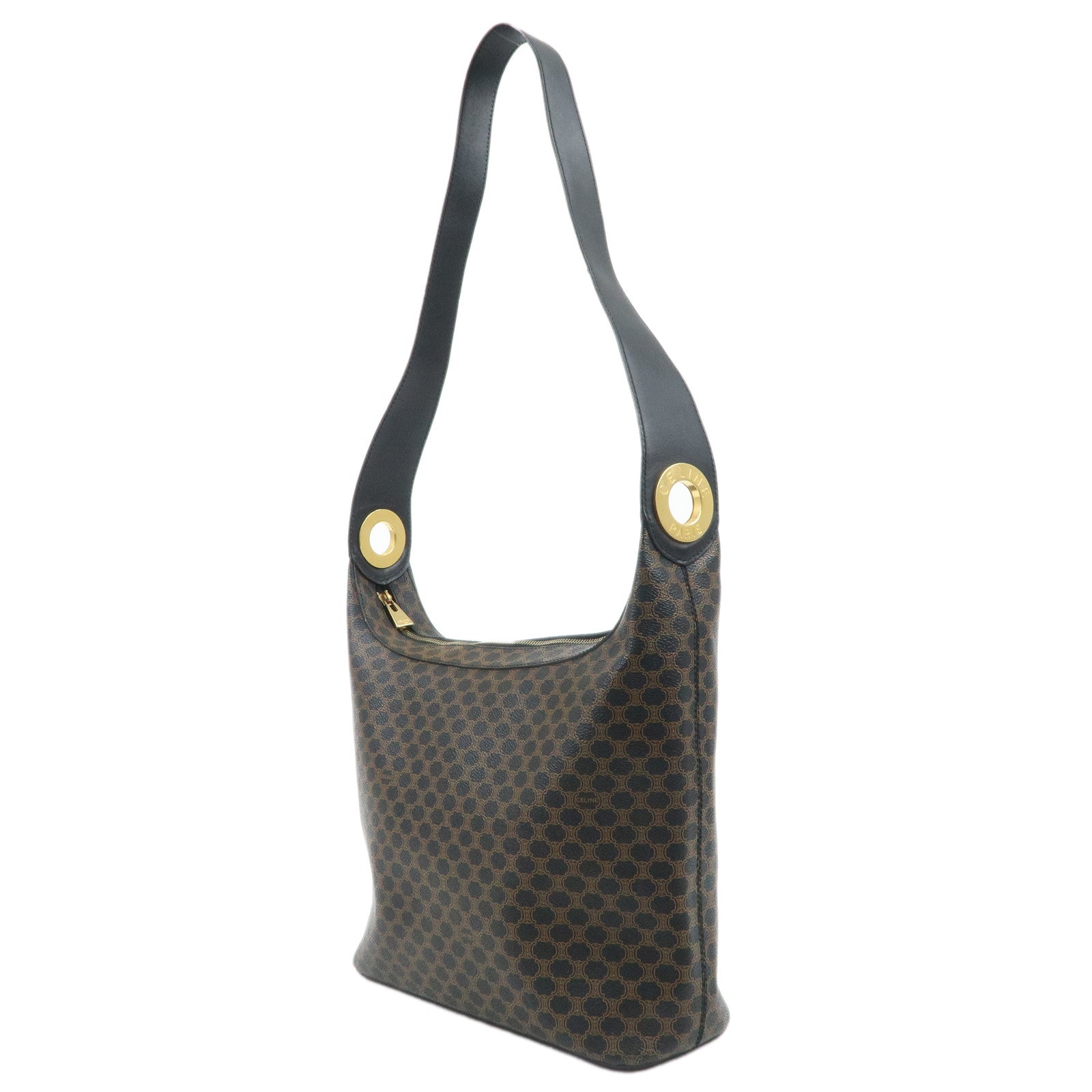 CELINE Macadam PVC Leather Shoulder Bag Black Brown Gold HDW Used