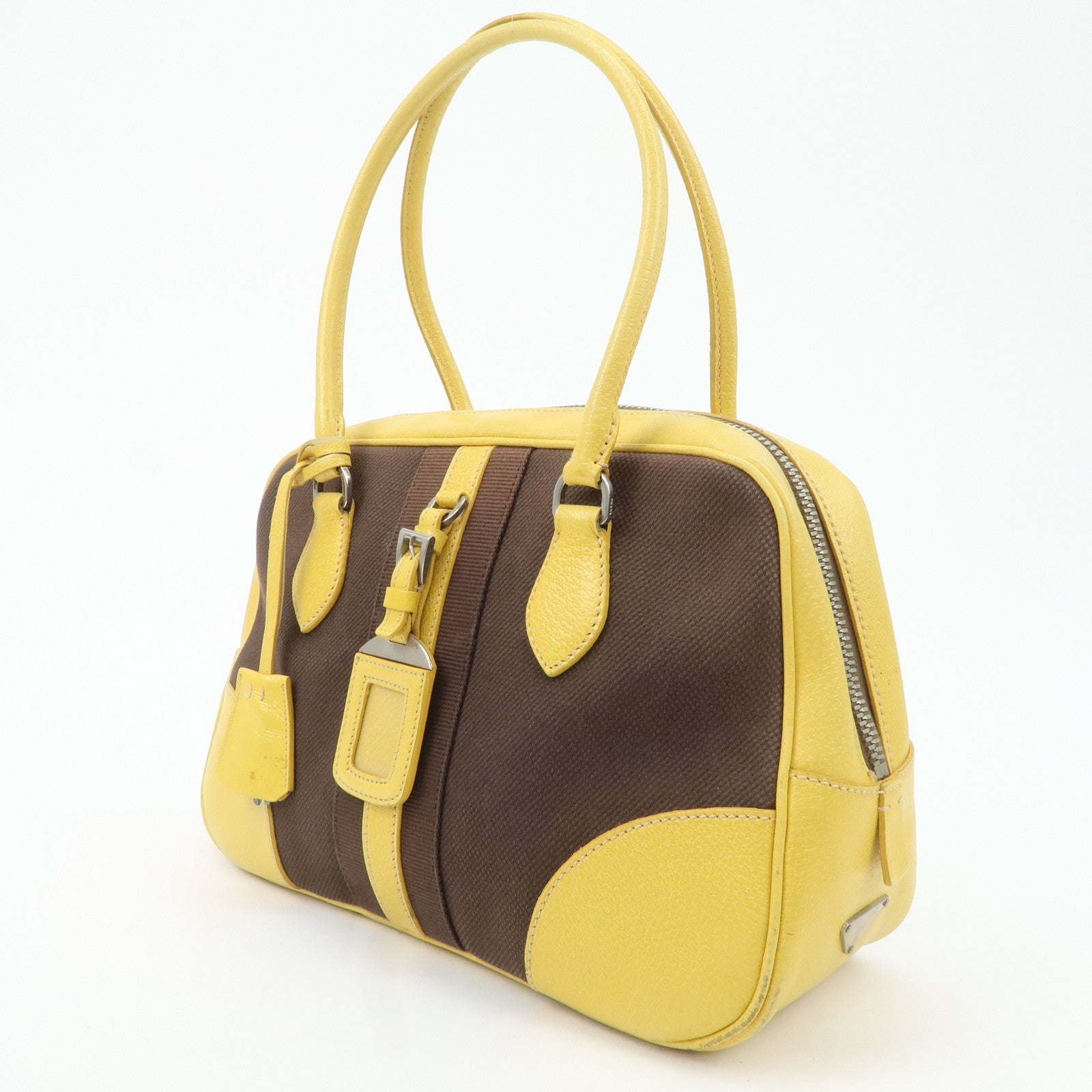 PRADA Canvas Leather Shoulder Bag Hand Bag Brown Yellow Used