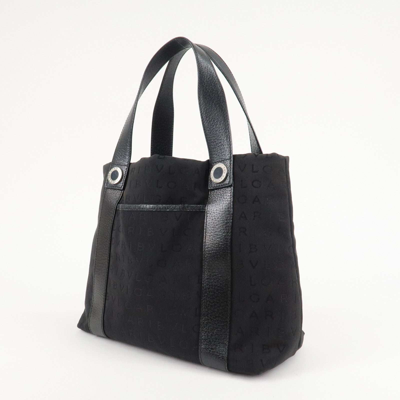 BVLGARI Lettere Logo Mania Nylon Leather Tote Bag Black Used